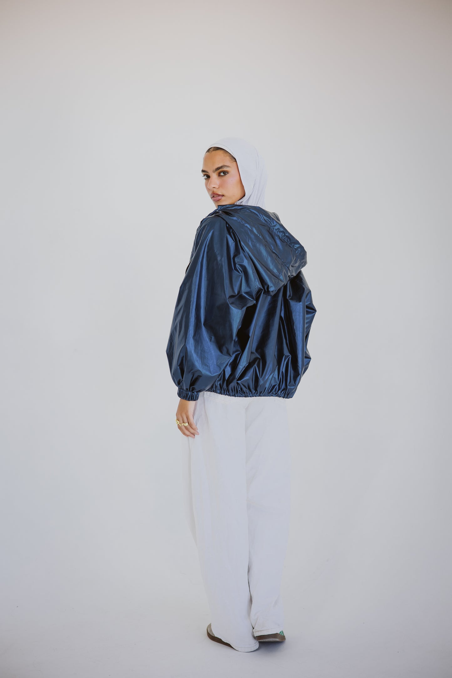 Waterproof jacket in metallic blue