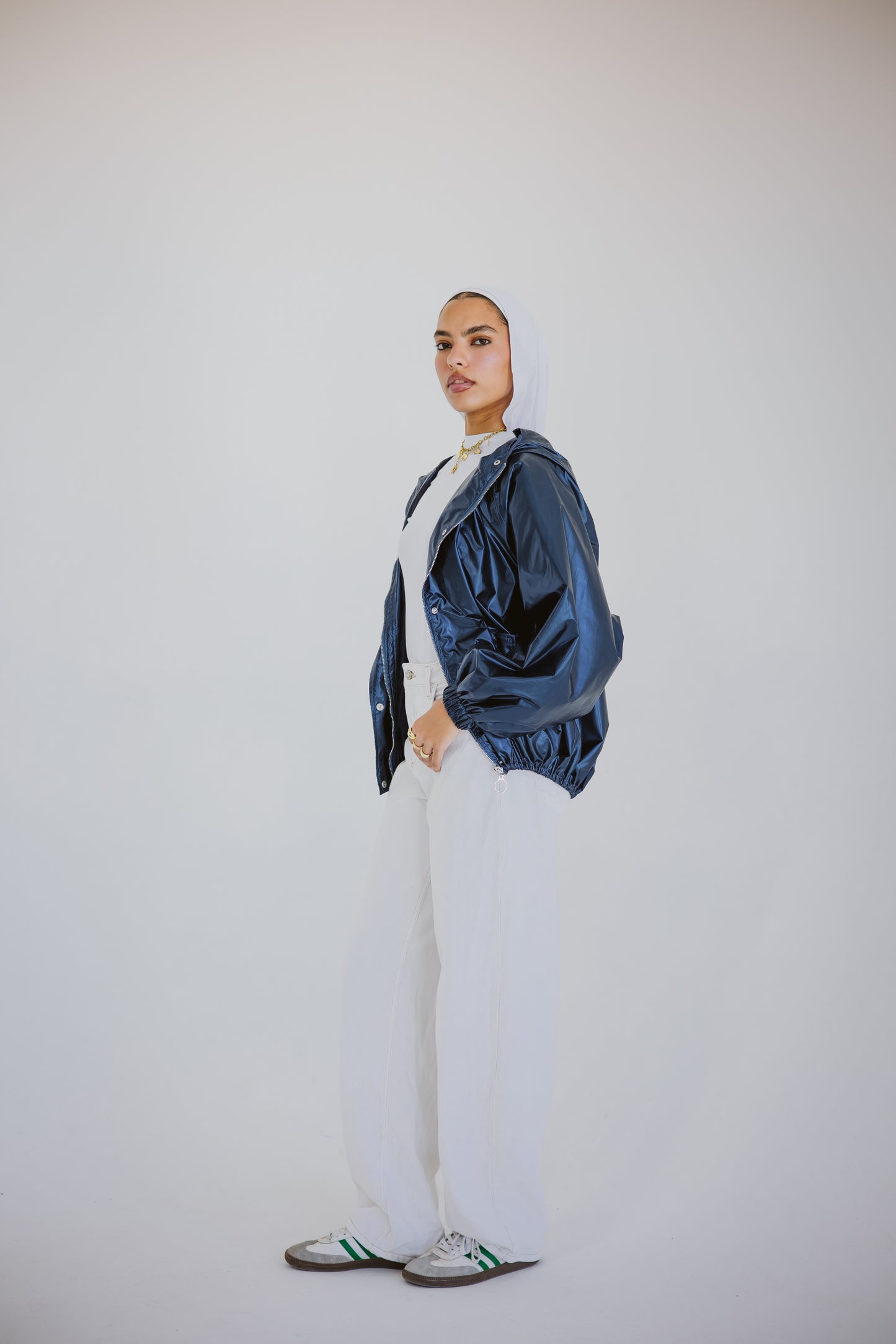 Waterproof jacket in metallic blue