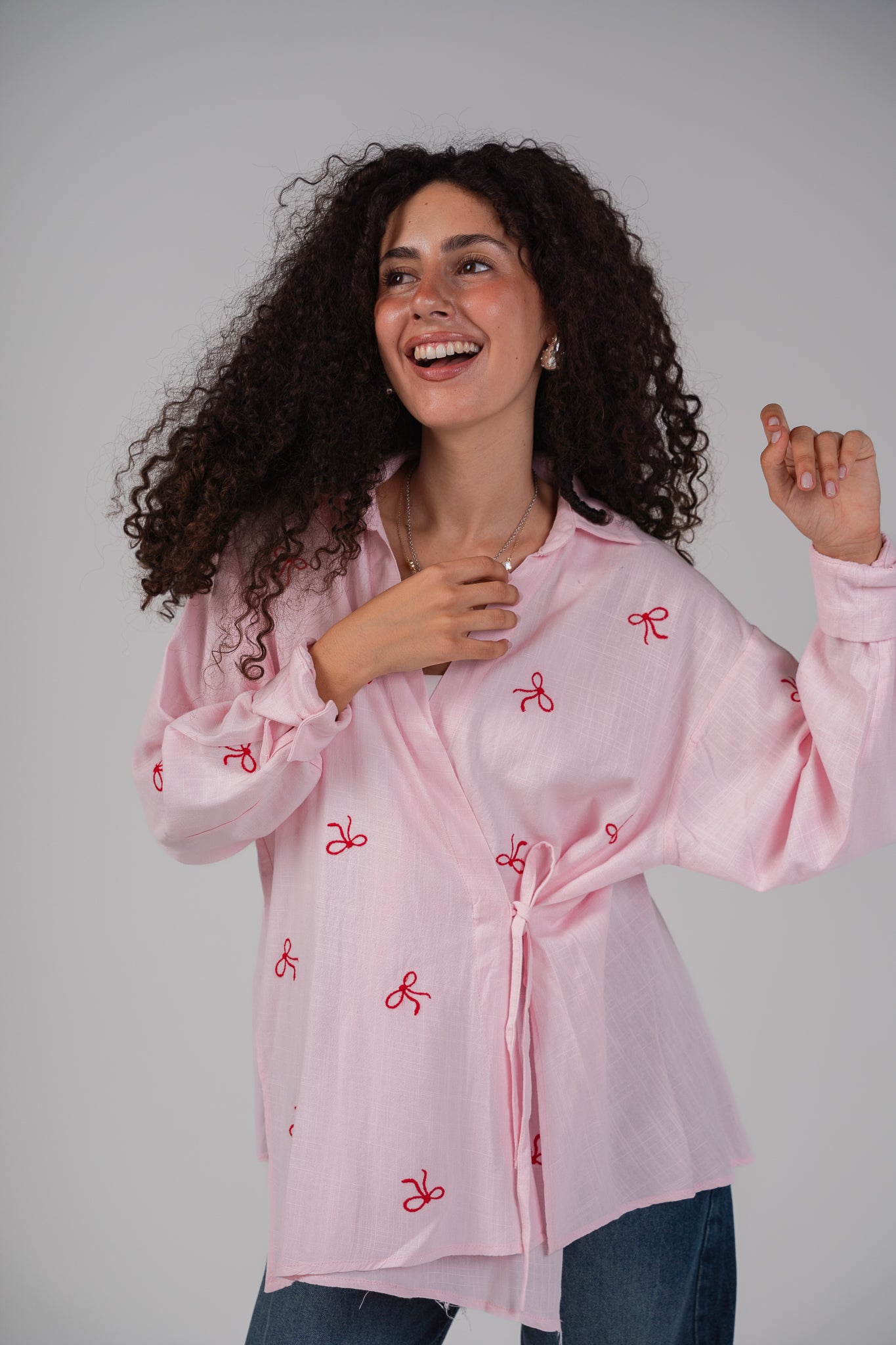 Ribbons embroidered wrap shirt in Pink