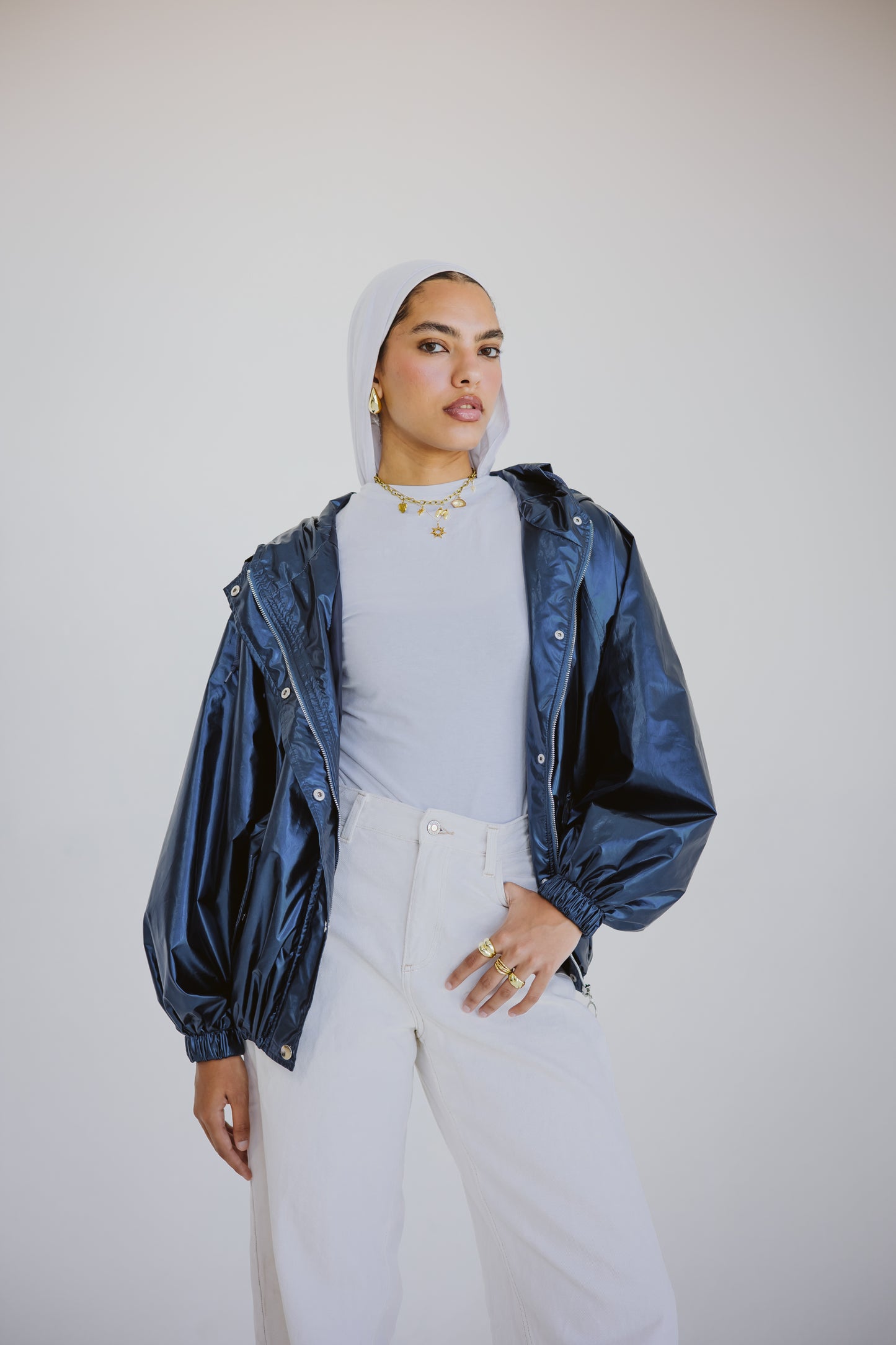 Waterproof jacket in metallic blue