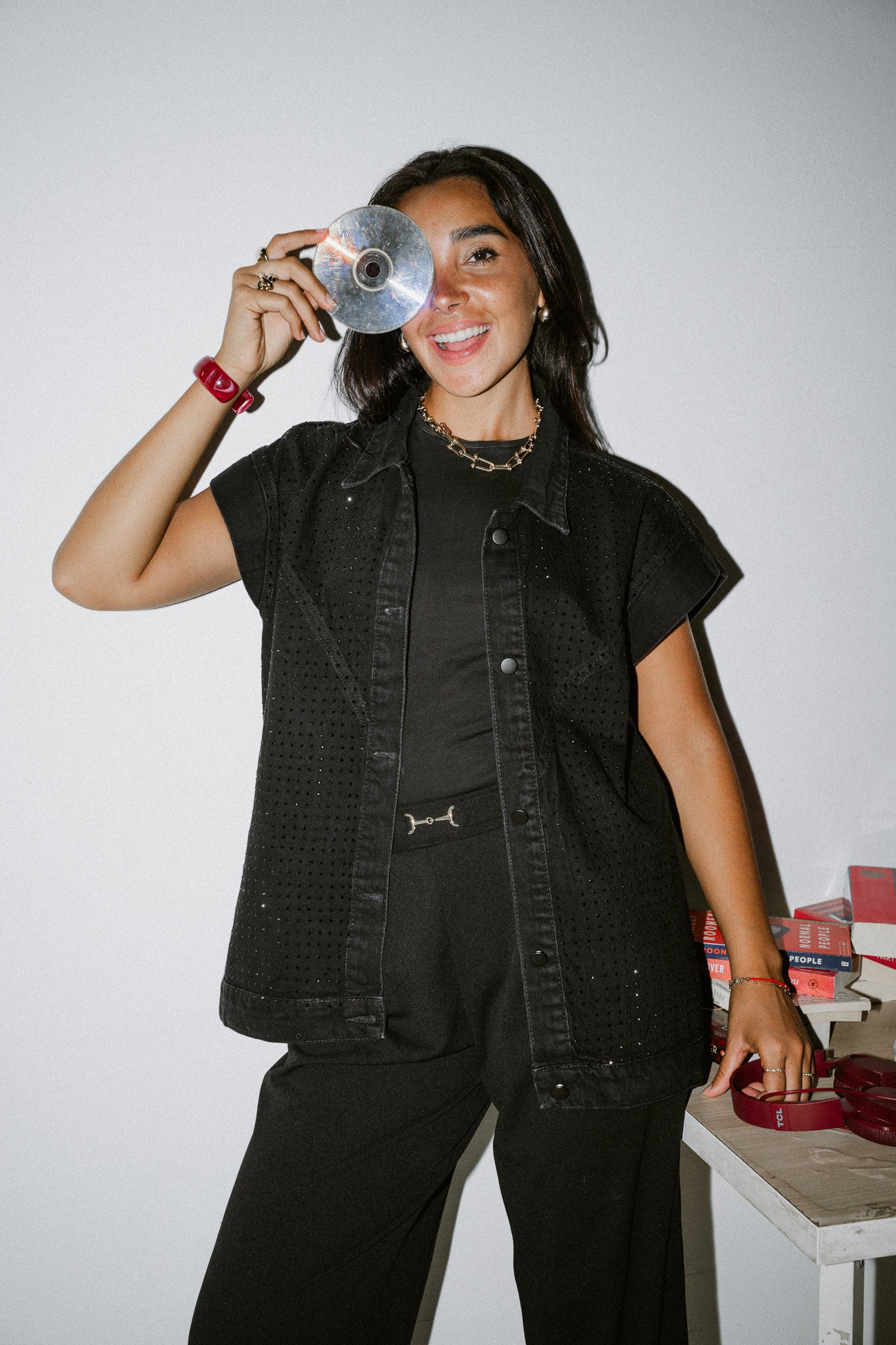 She is studded denim vest in black