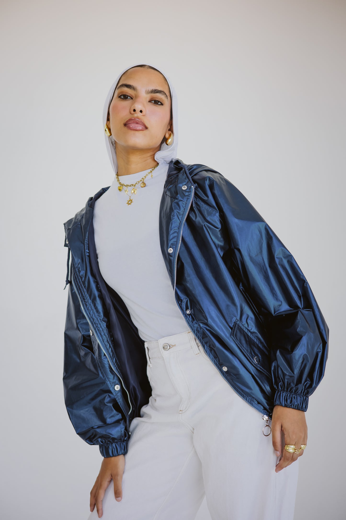 Waterproof jacket in metallic blue