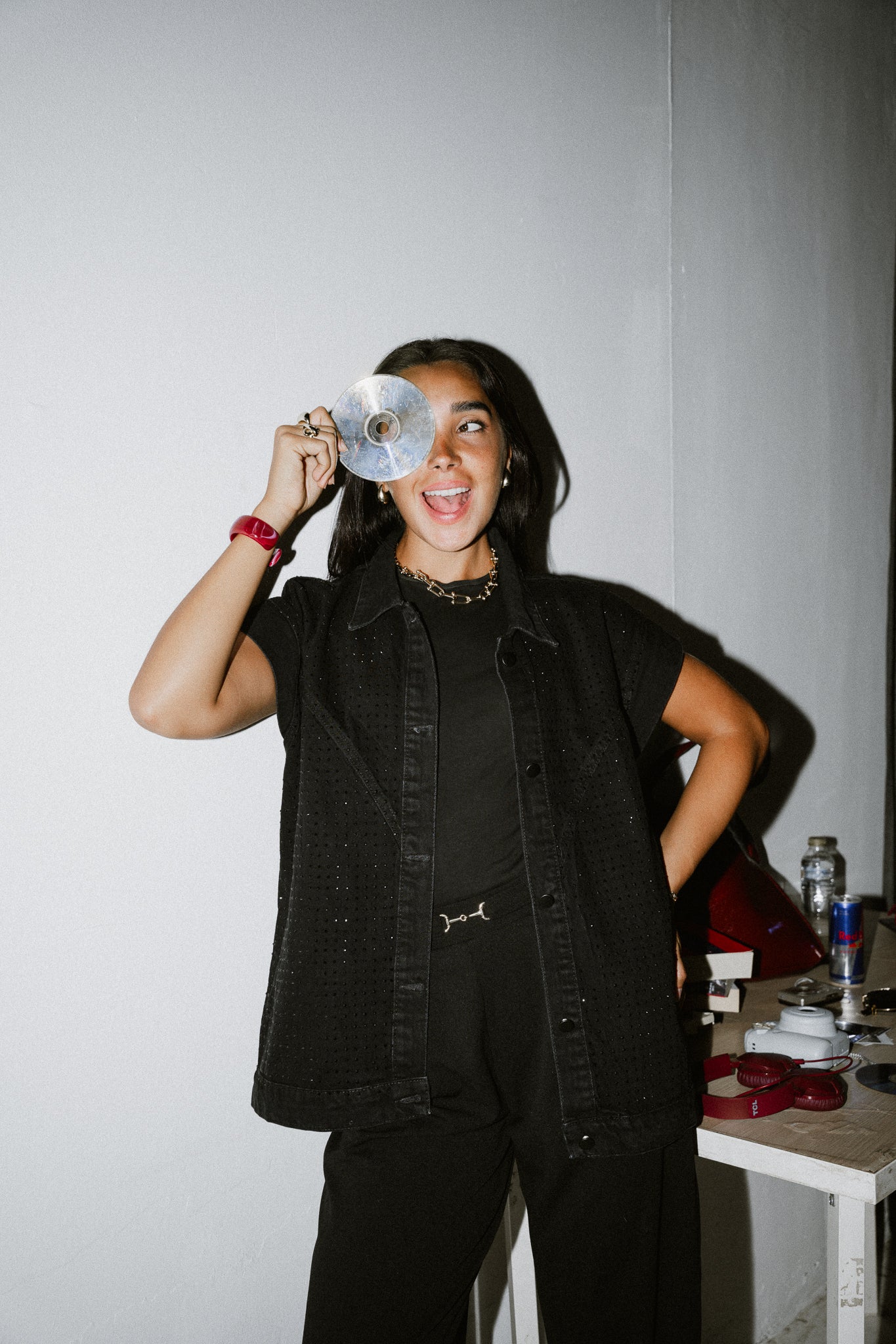 She is studded denim vest in black