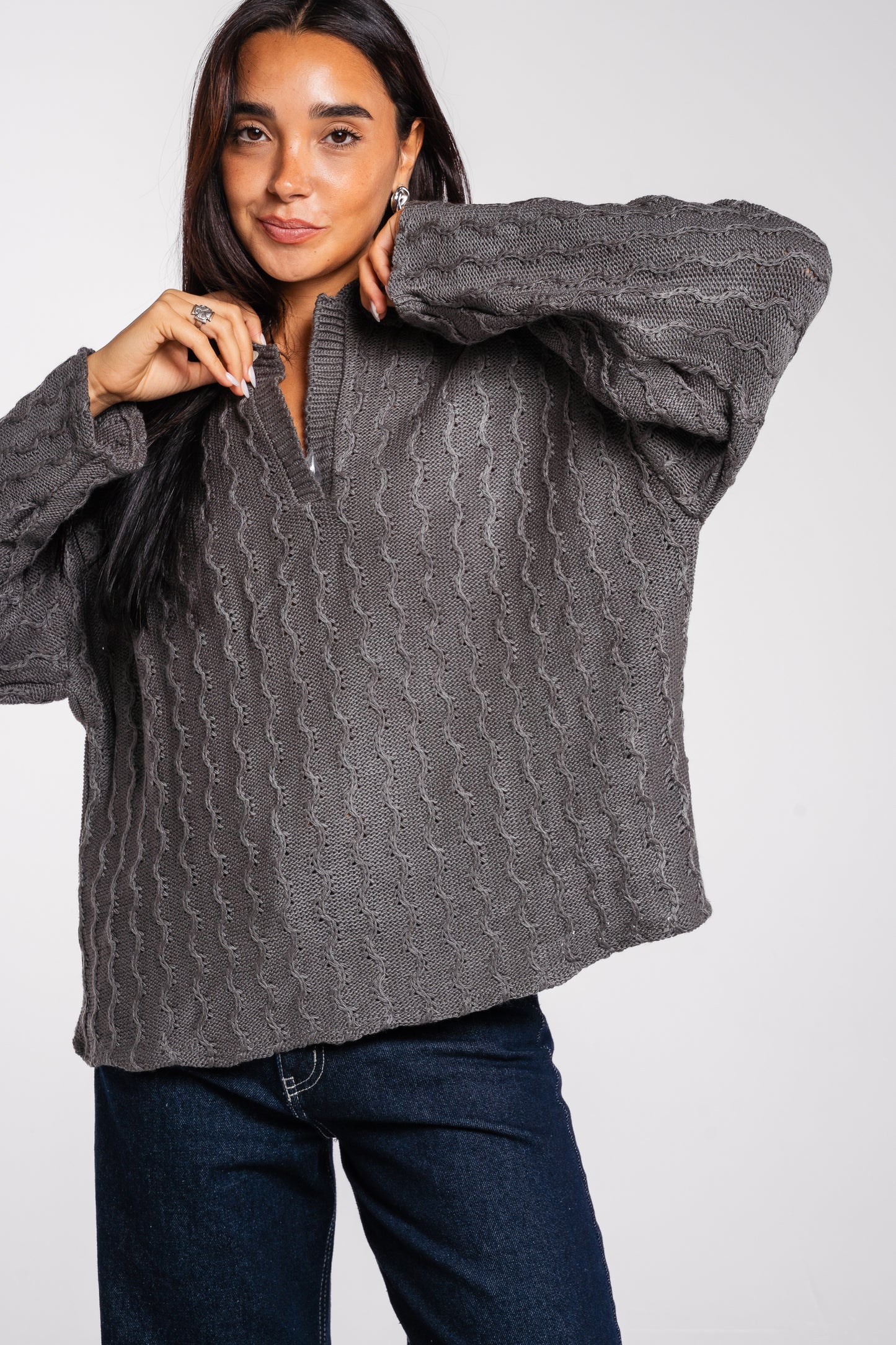 Going Places Pullover In Dark Grey