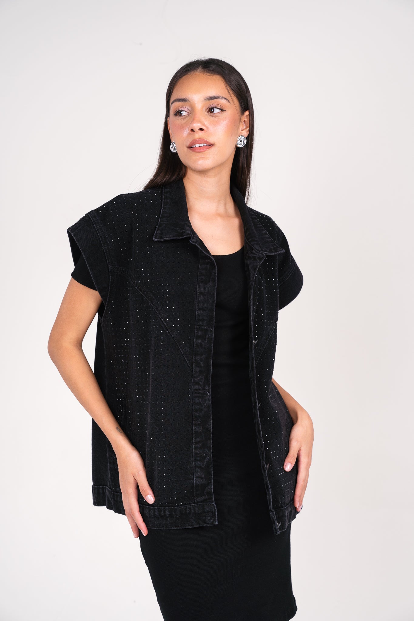 She is studded denim vest in black
