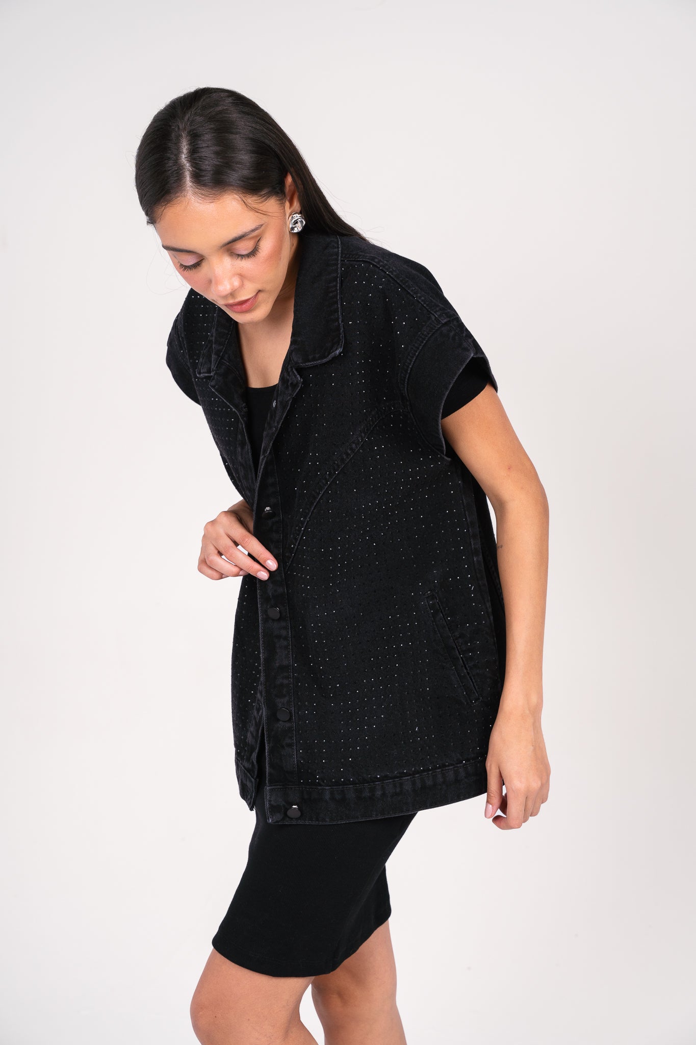 She is studded denim vest in black