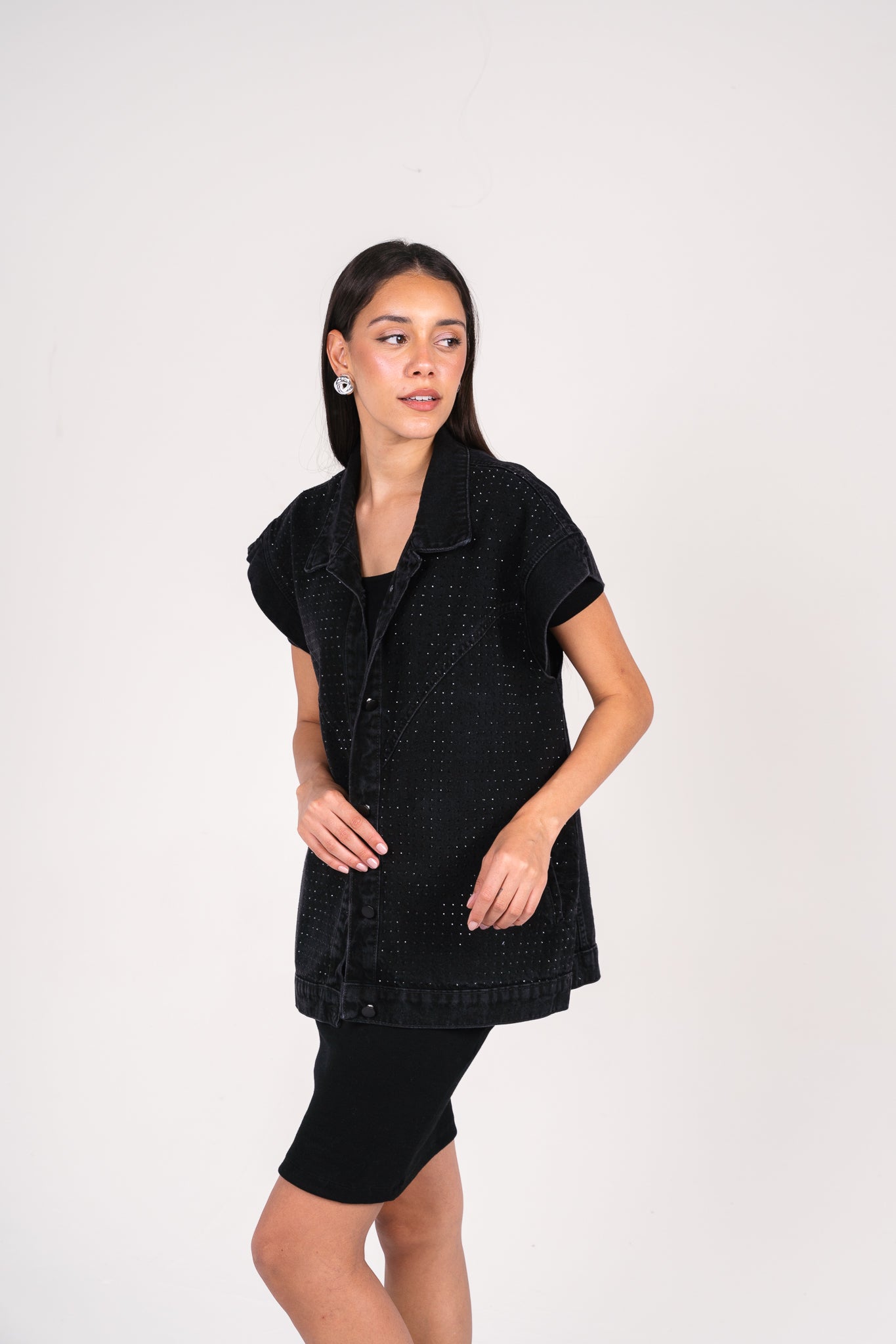 She is studded denim vest in black