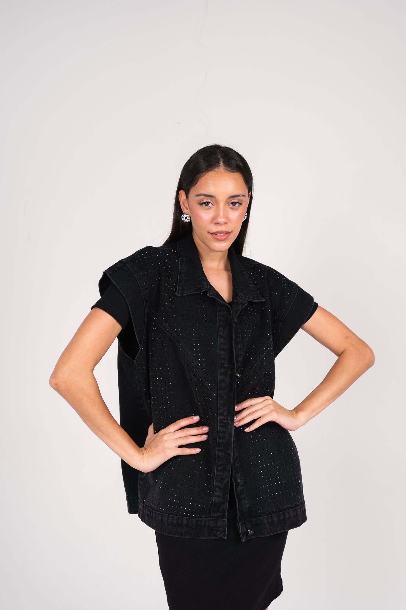 She is studded denim vest in black
