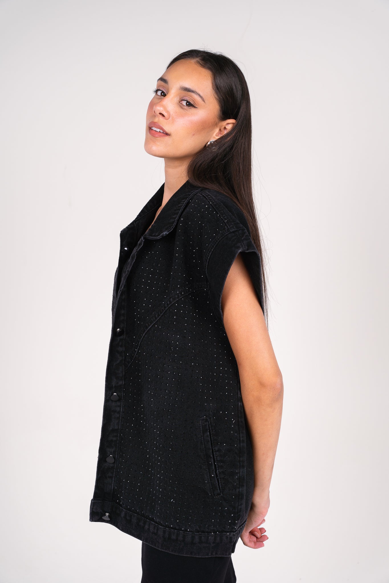 She is studded denim vest in black
