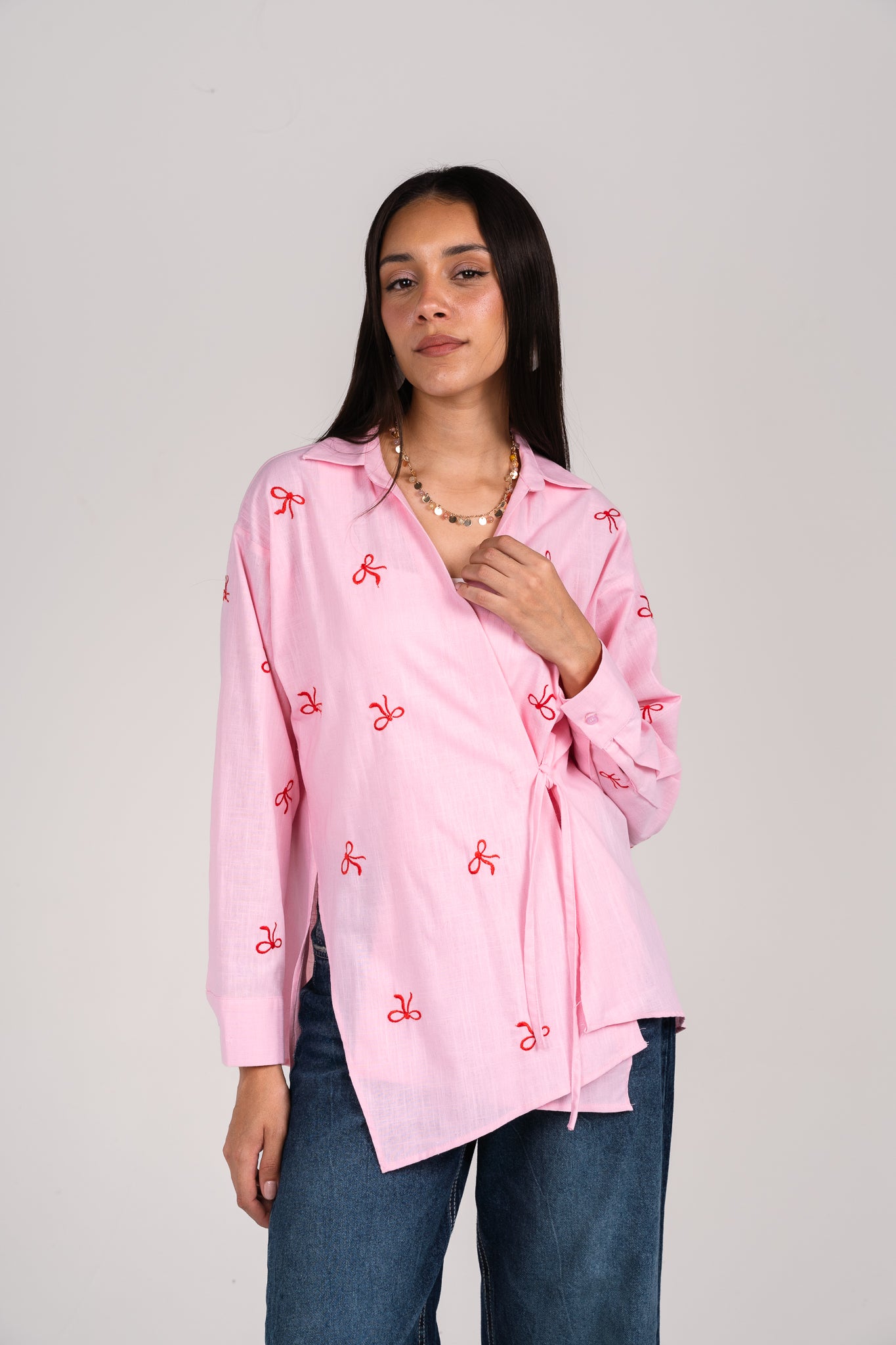 Ribbons embroidered wrap shirt in Pink