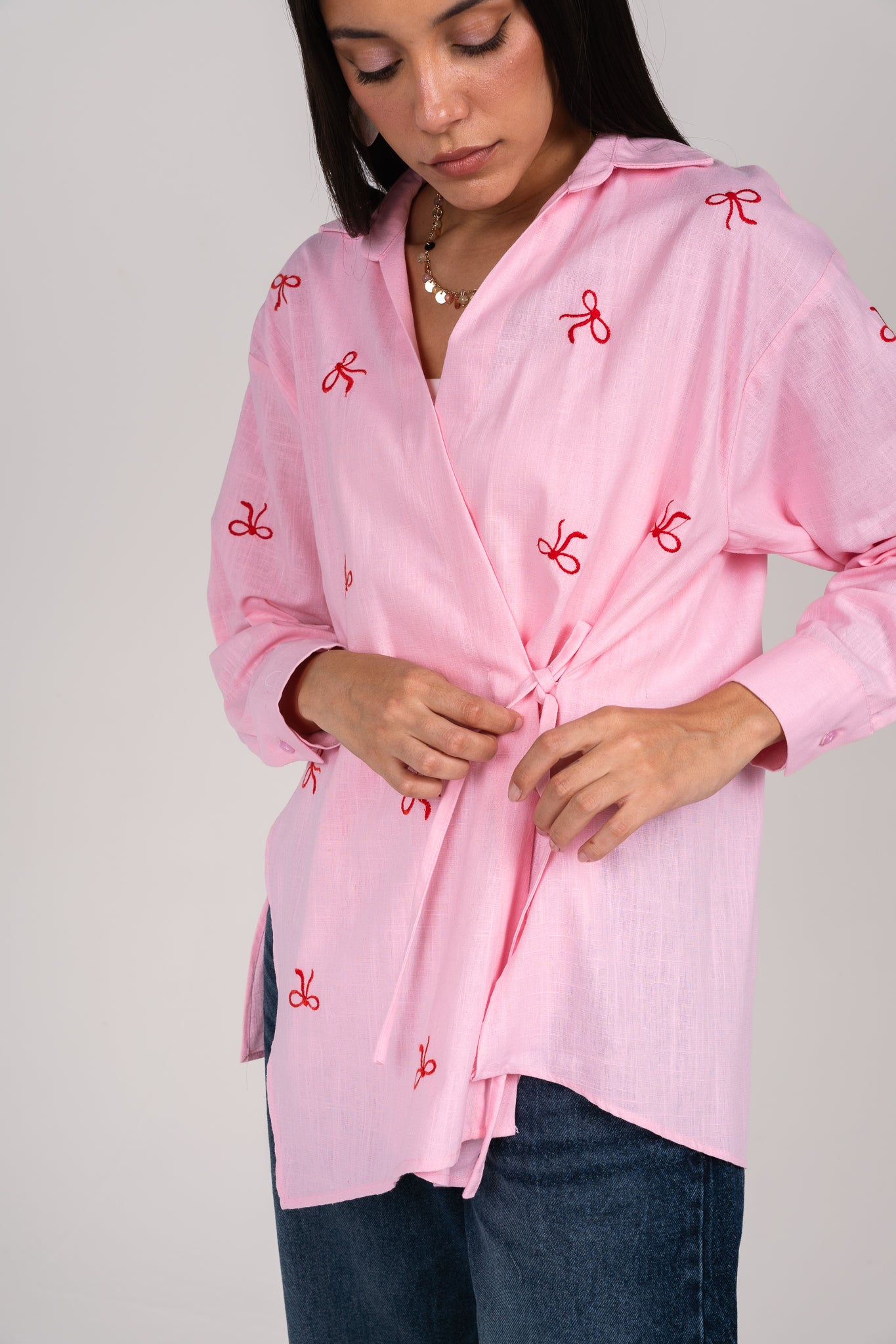 Ribbons embroidered wrap shirt in Pink
