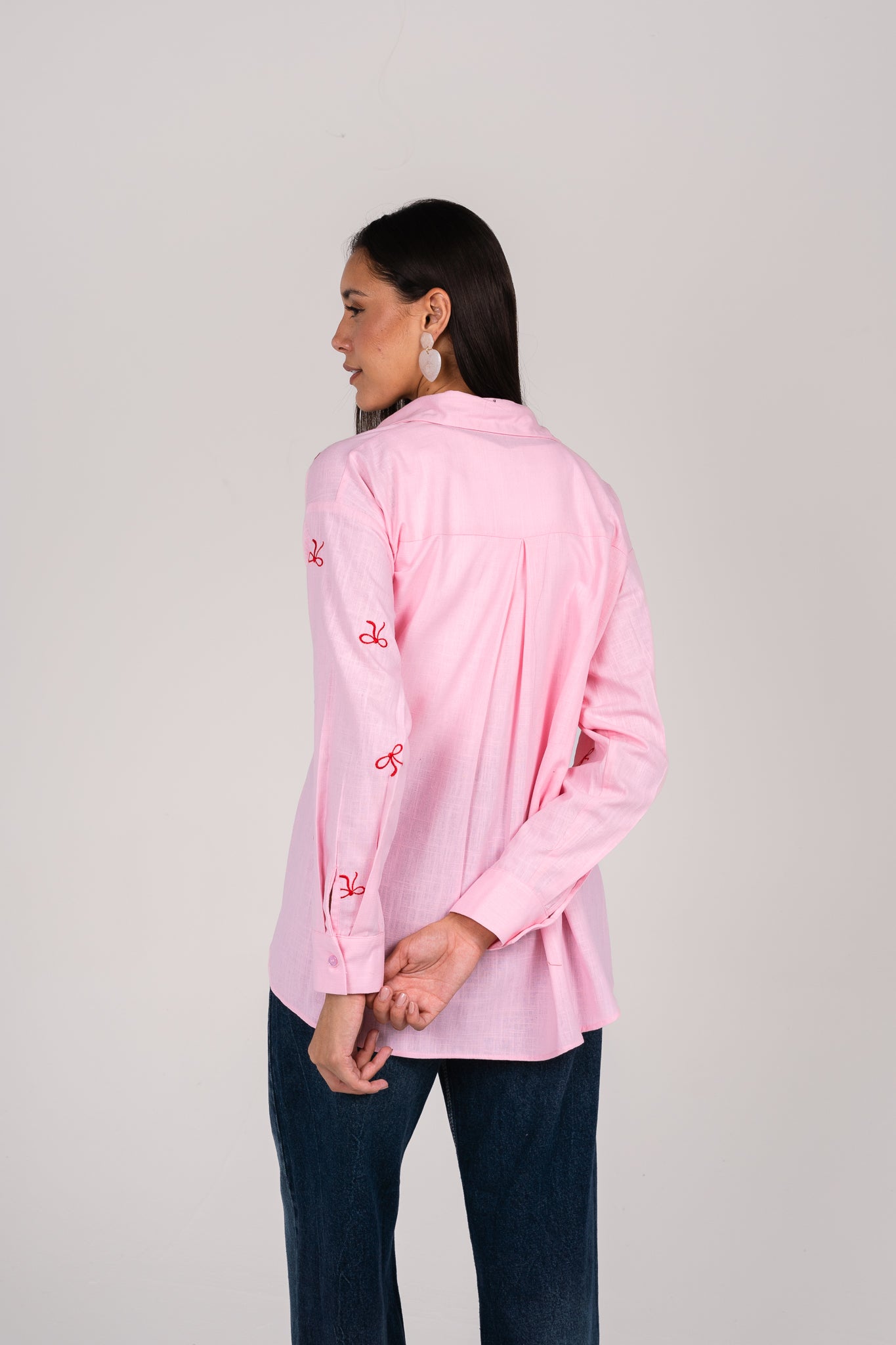 Ribbons embroidered wrap shirt in Pink