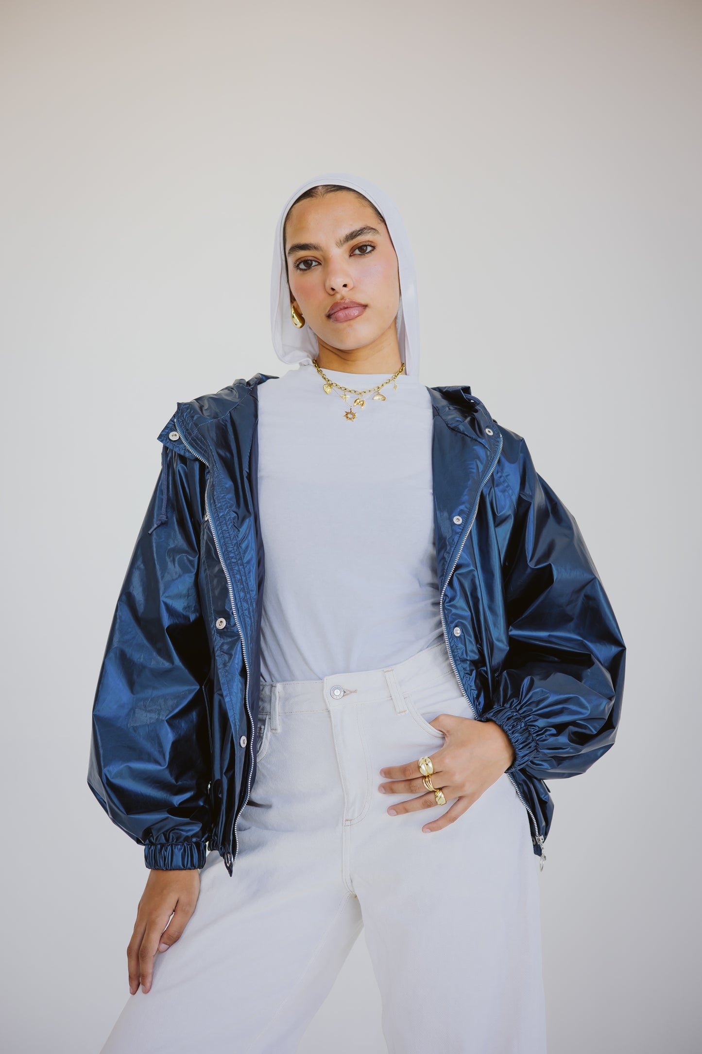 Waterproof jacket in metallic blue