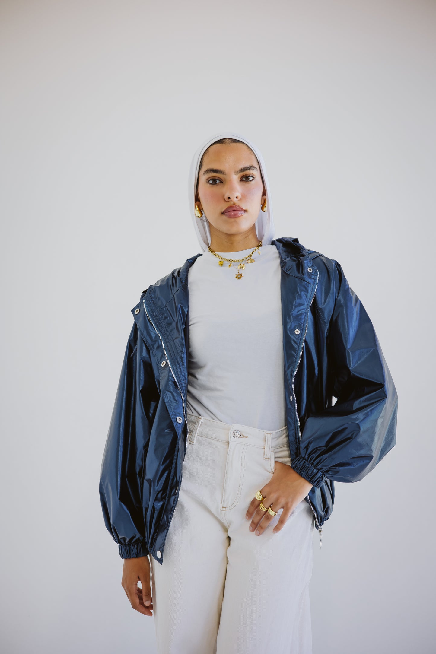 Waterproof jacket in metallic blue