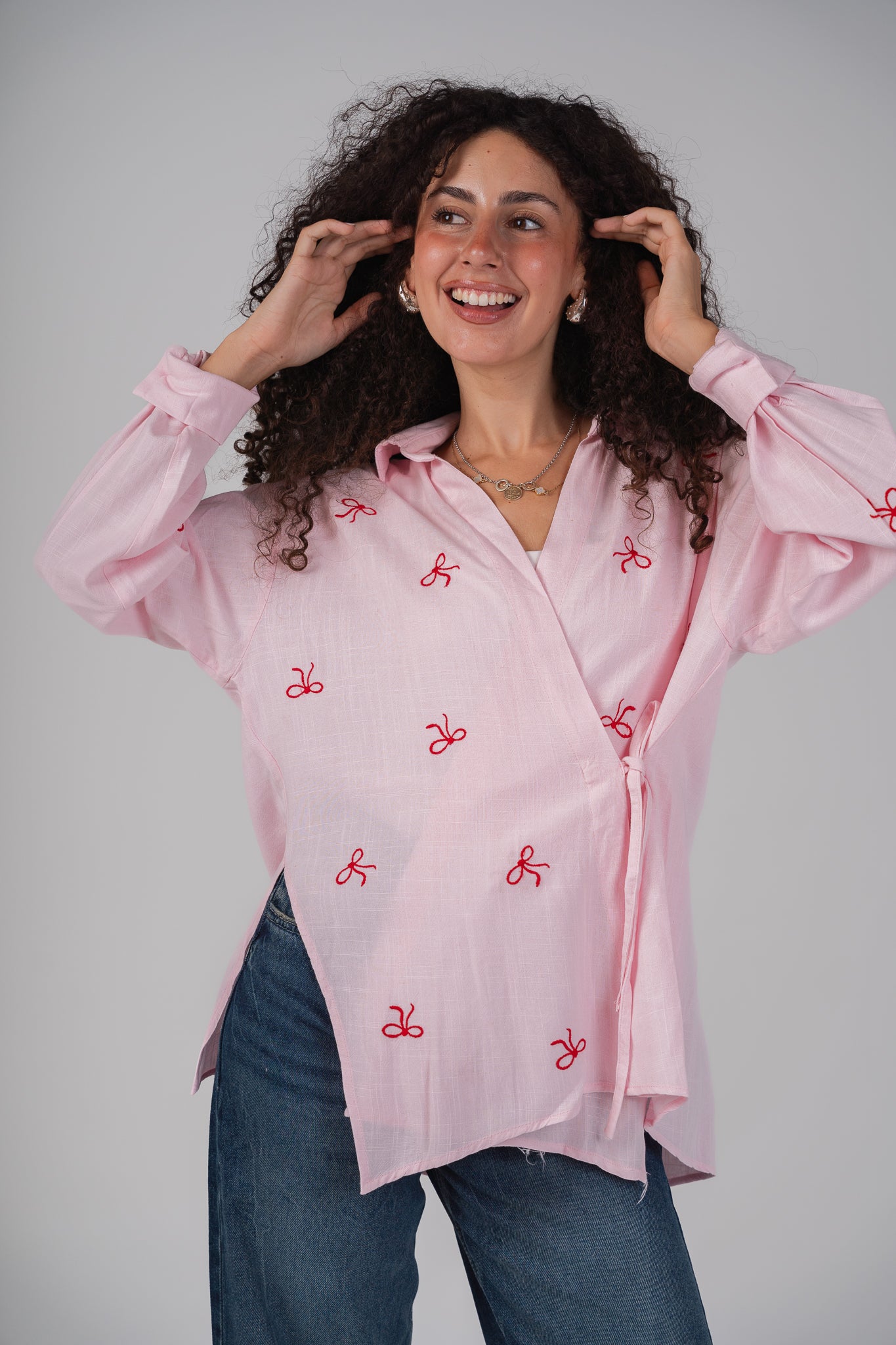 Ribbons embroidered wrap shirt in Pink