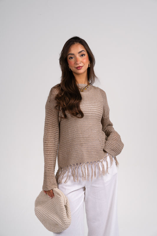 Full bloom crochet top in shimmer taupe