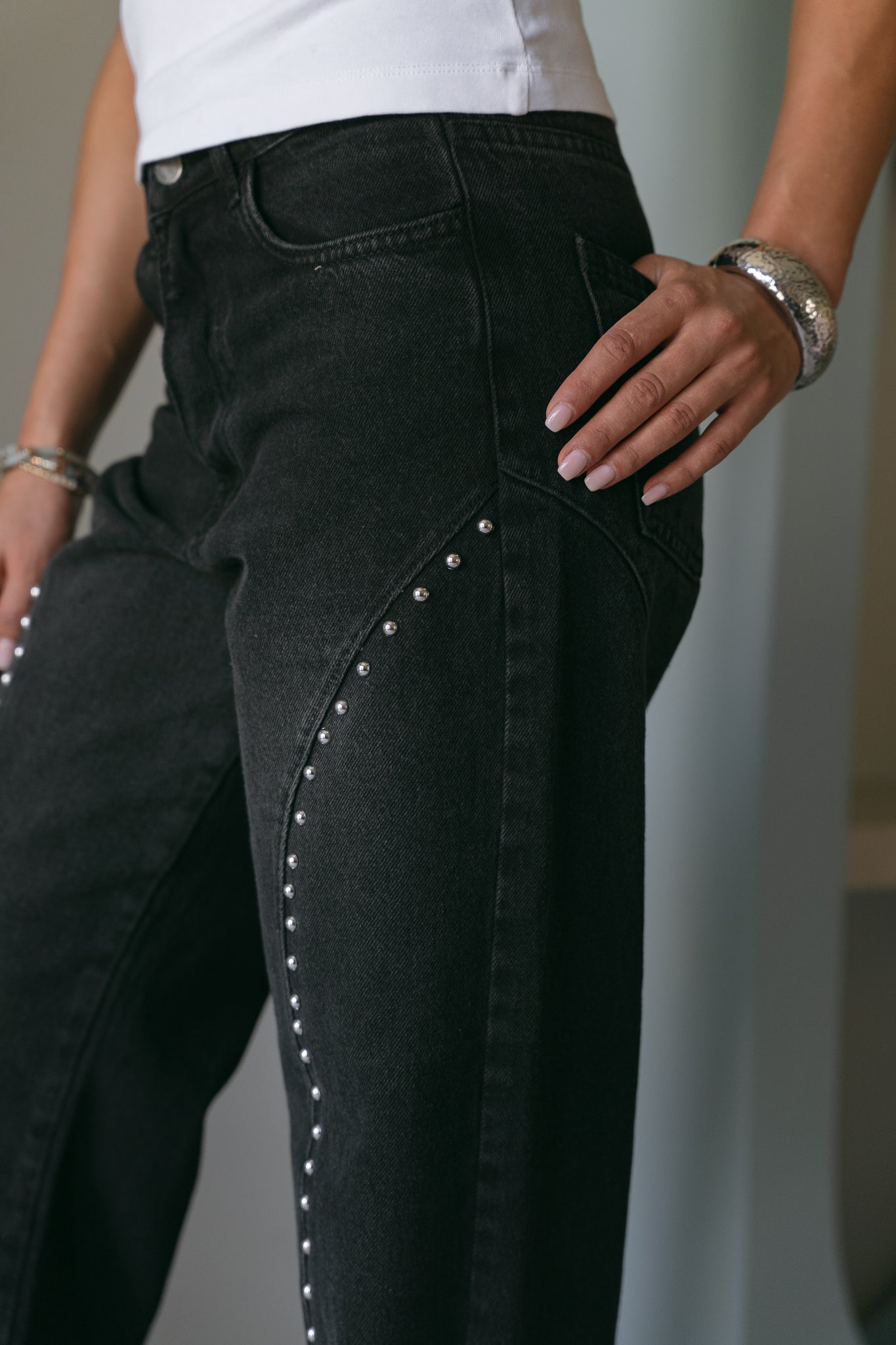 Fearless Studded Denim in Washed Black