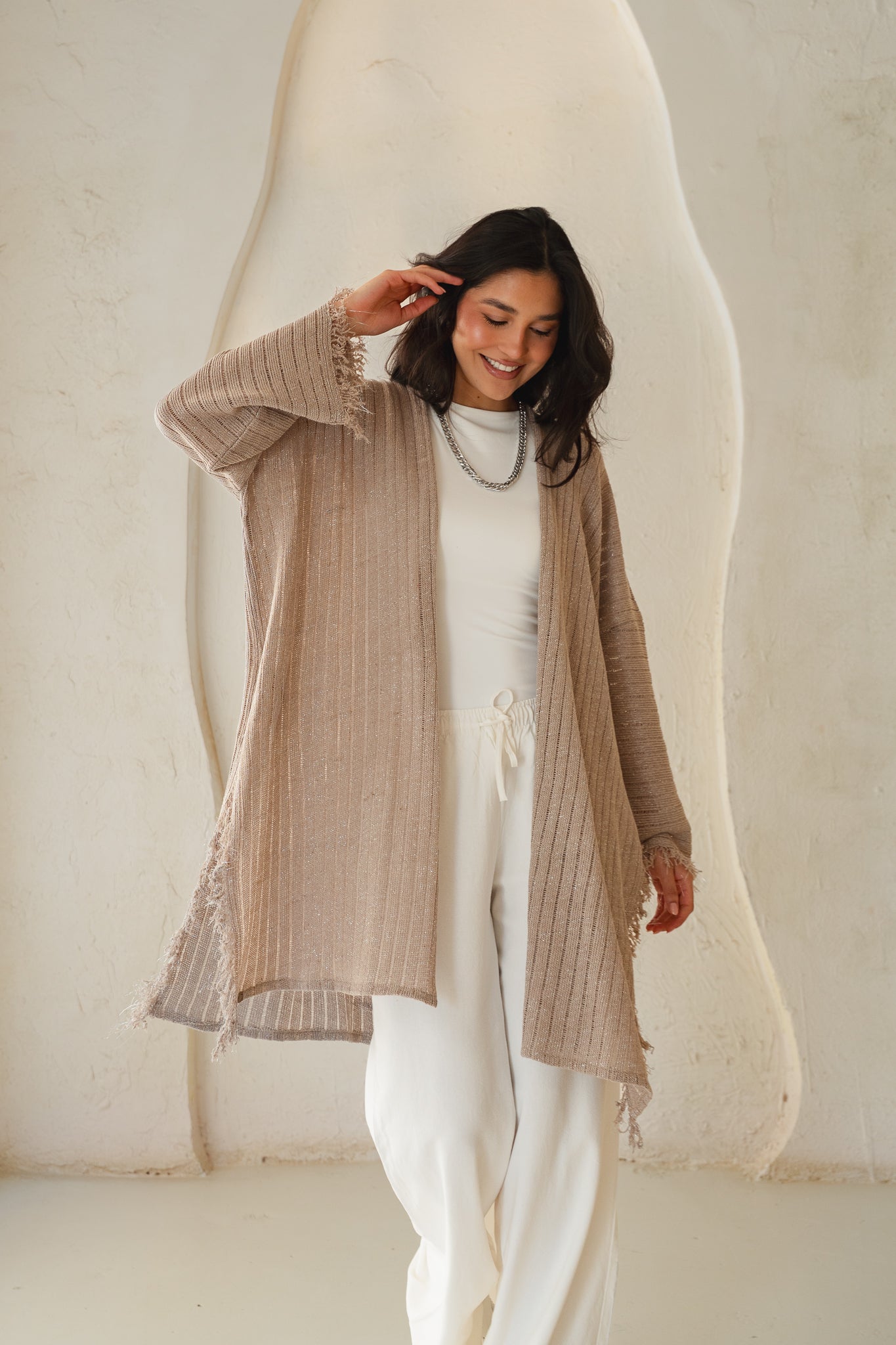 Coastline Knit Cardigan in Shimmer Beige