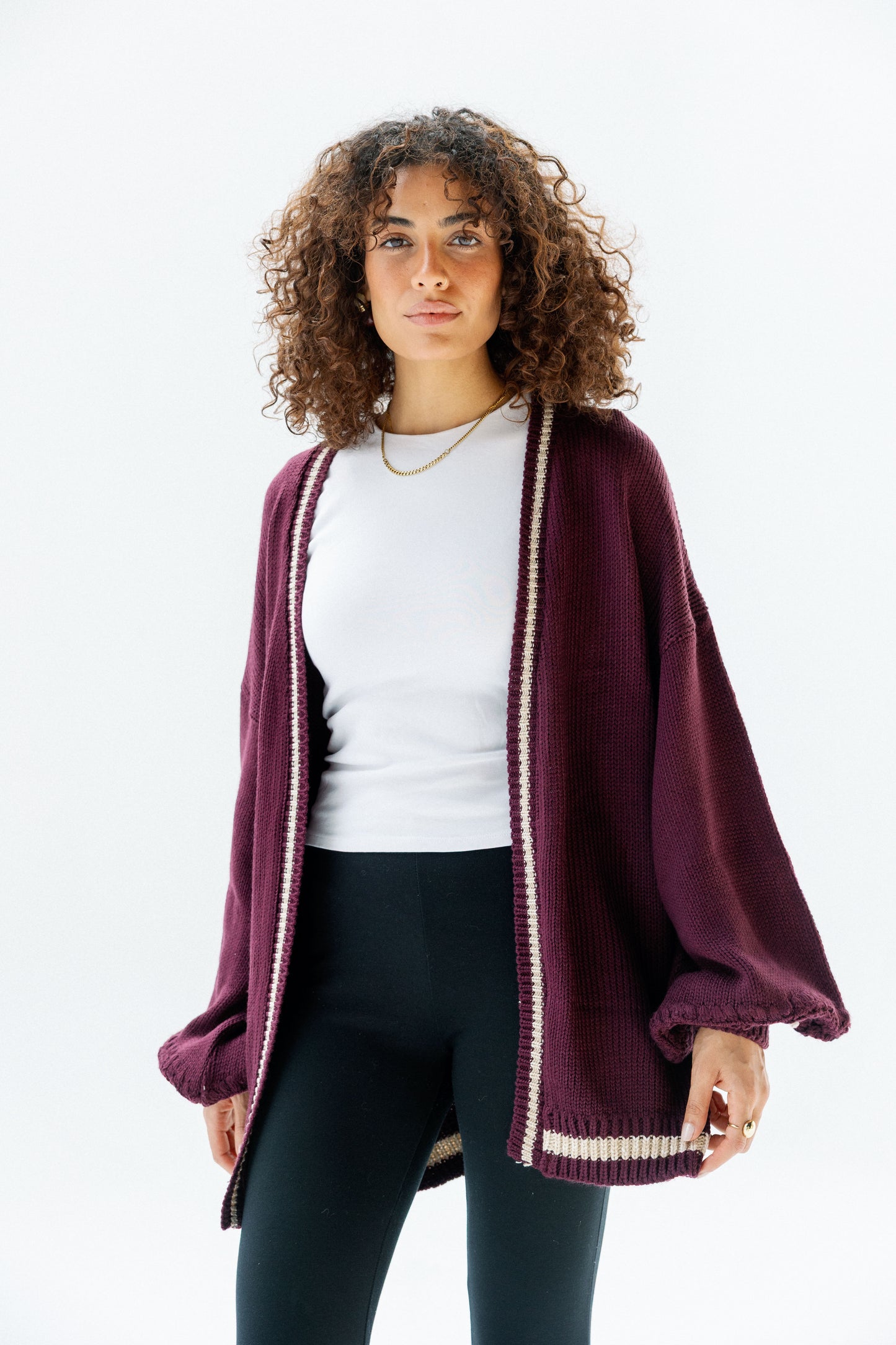 The Aura Cardigan in burgundy