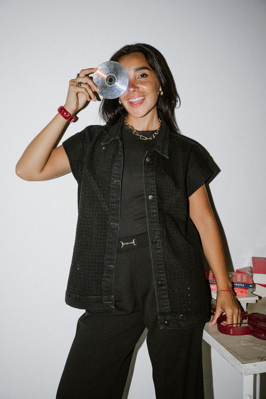She is studded denim vest in black