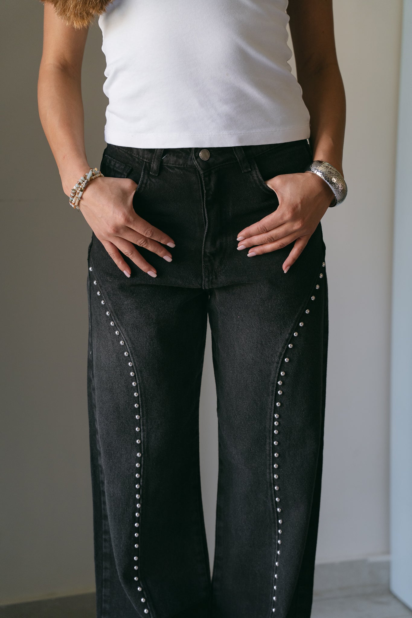 Fearless Studded Denim in Washed Black