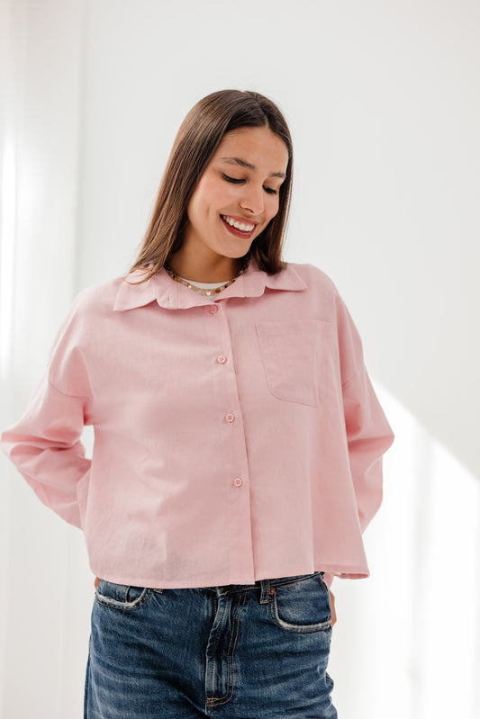 Cropped linen shirt in Pink