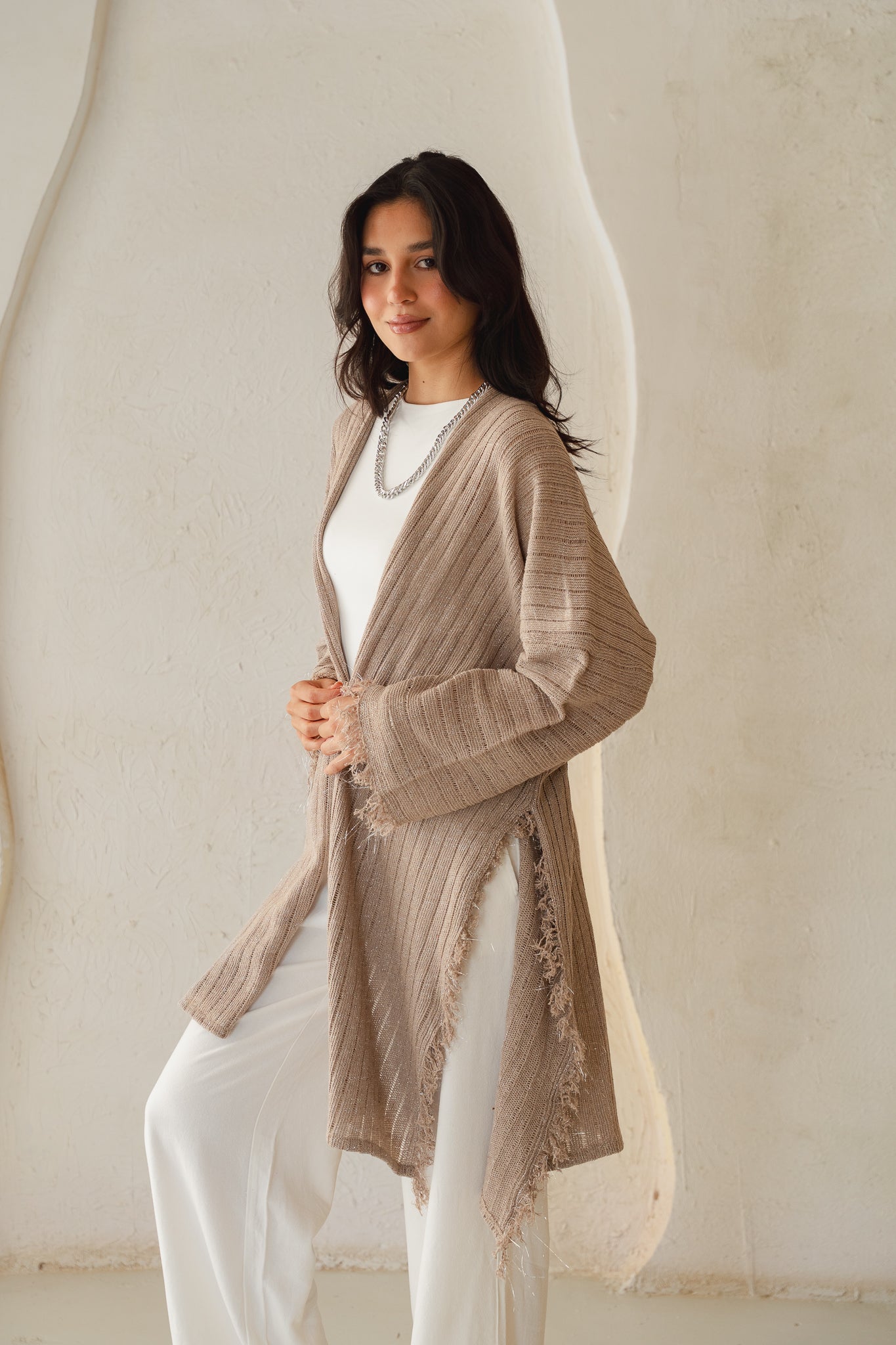 Coastline Knit Cardigan in Shimmer Beige