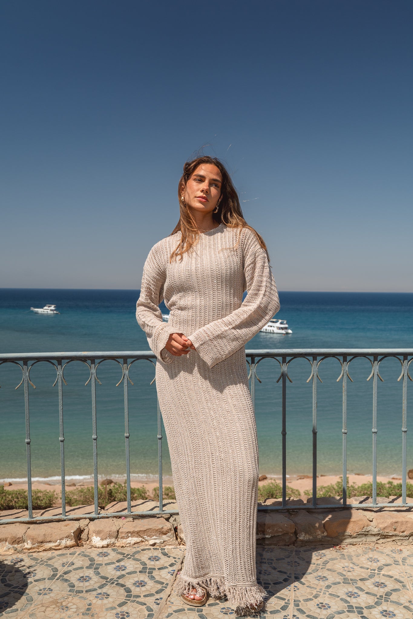 Seashell Crochet Dress in  Shimmer Beige