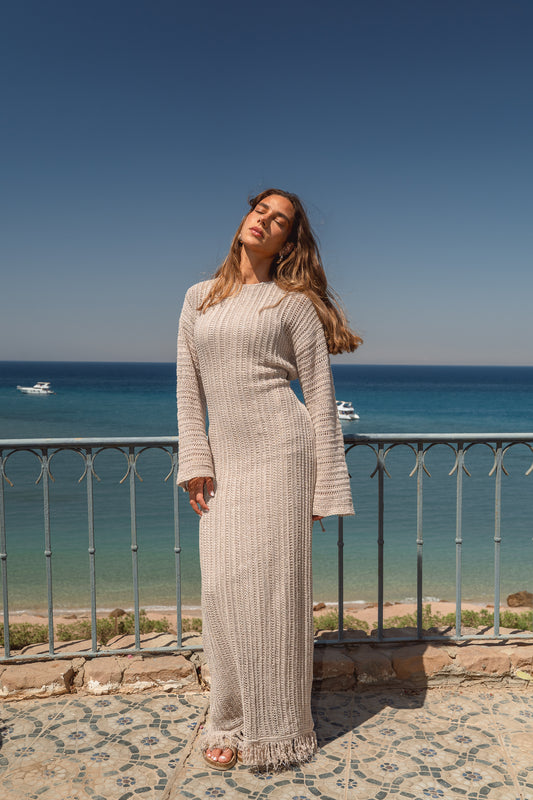 Seashell Crochet Dress in  Shimmer Beige
