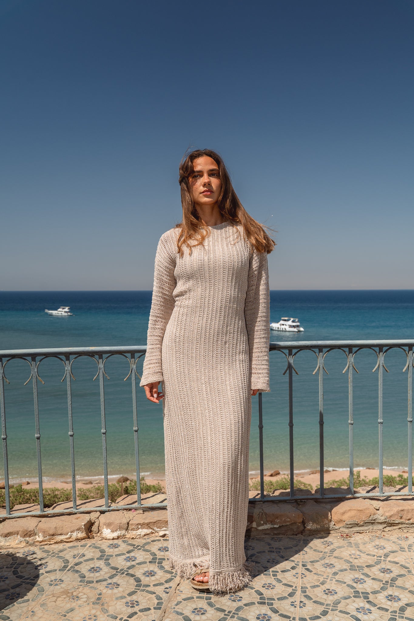Seashell Crochet Dress in  Shimmer Beige