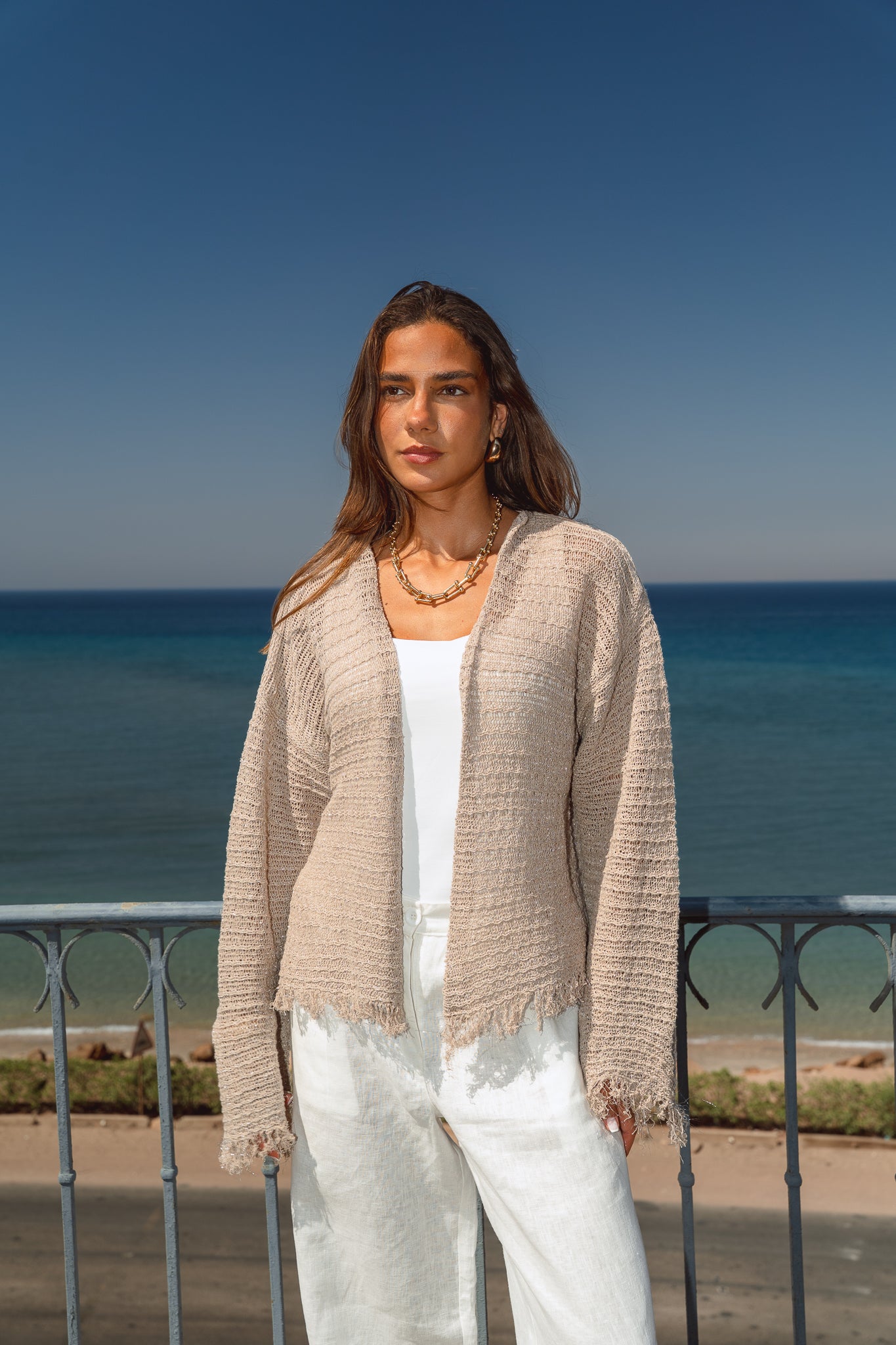 La Mer Knit Cardigan in Shimmer Beige