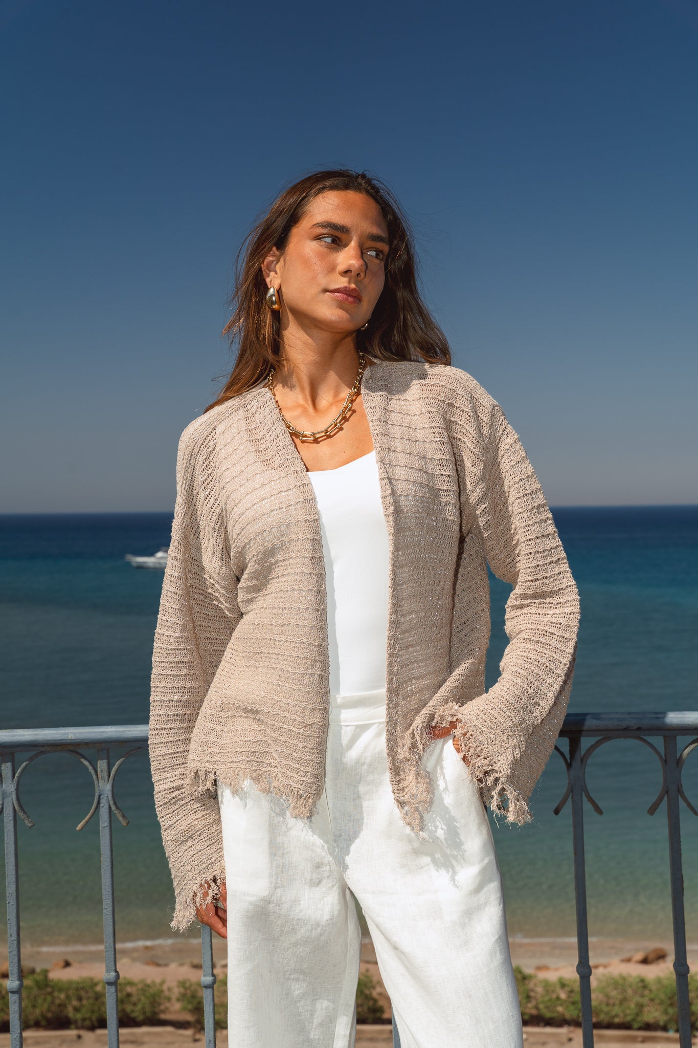 La Mer Knit Cardigan in Shimmer Beige