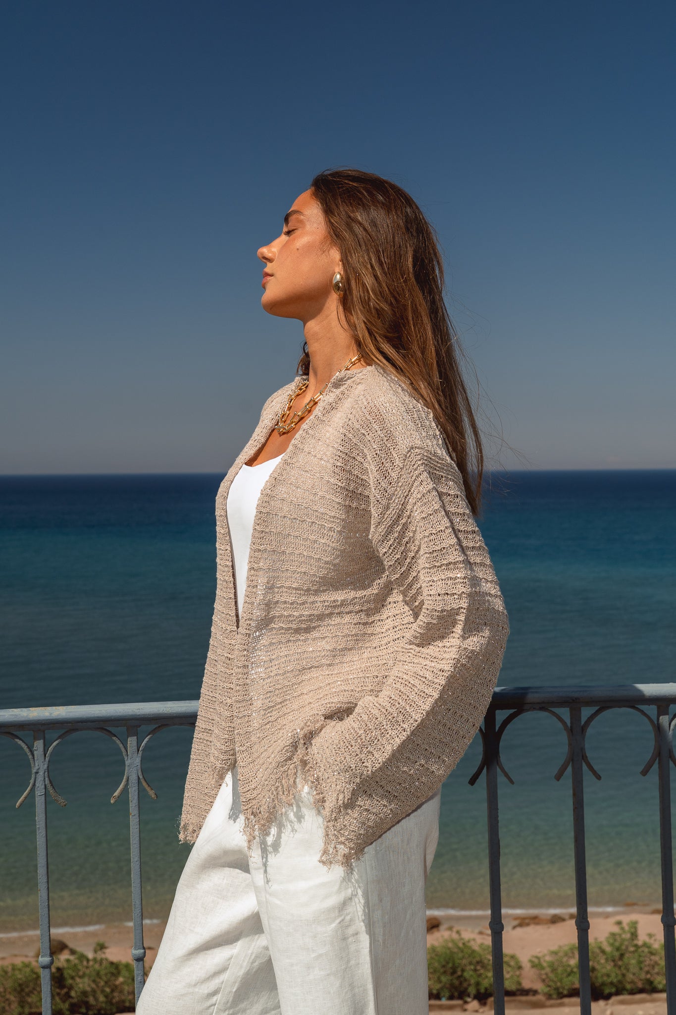 La Mer Knit Cardigan in Shimmer Beige