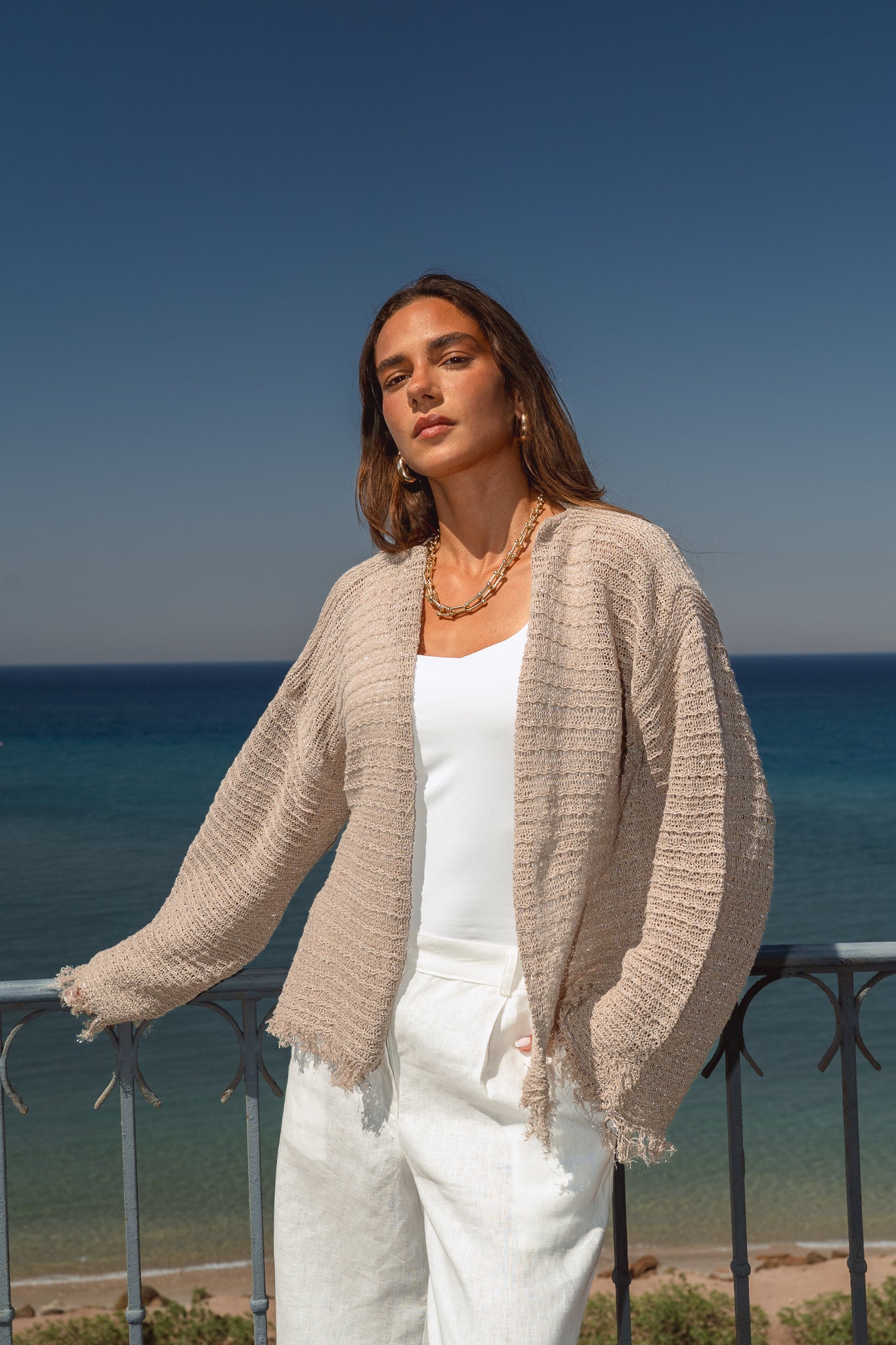 La Mer Knit Cardigan in Shimmer Beige