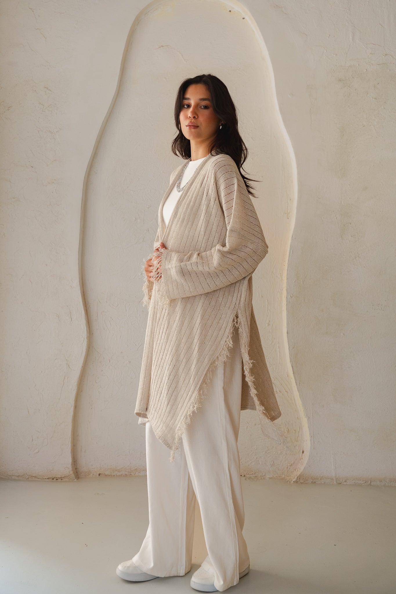 Coastline Knit Cardigan in Shimmer Off- white