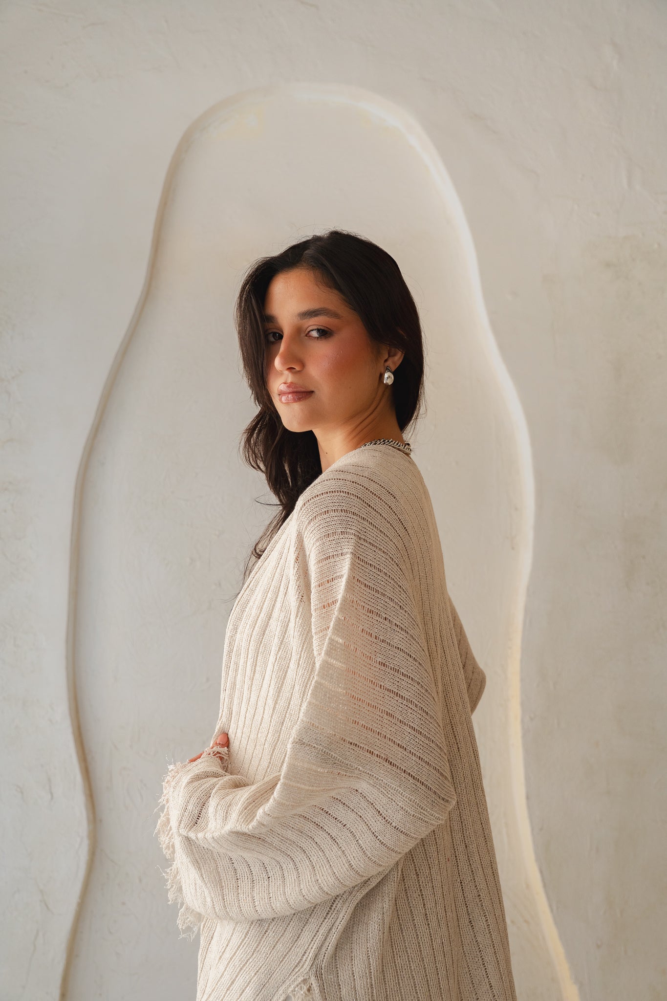 Coastline Knit Cardigan in Shimmer Off- white