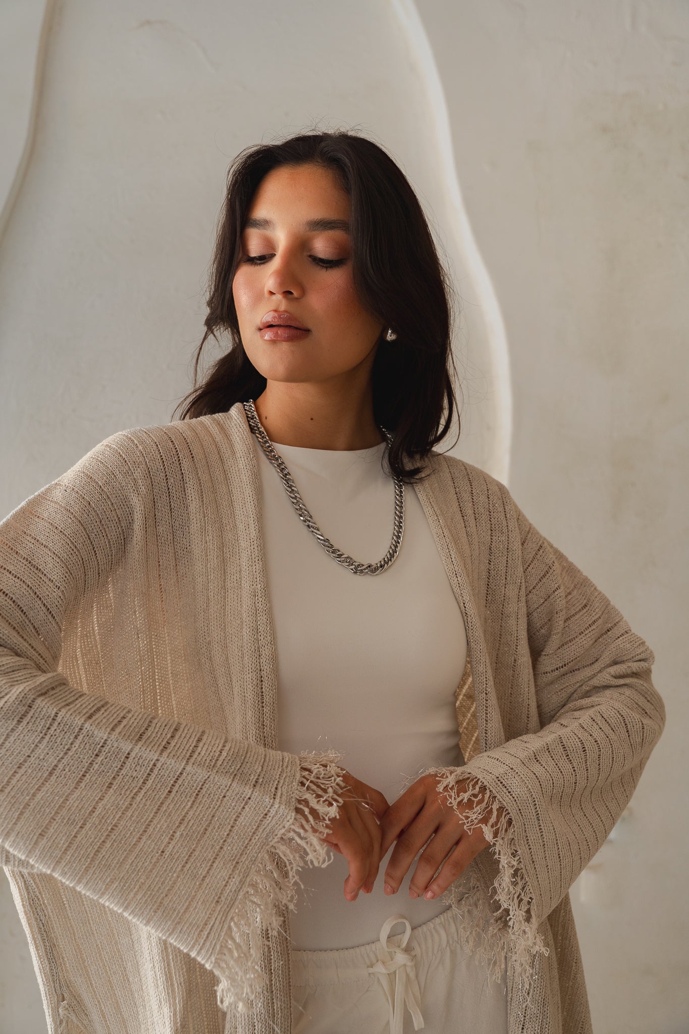 Coastline Knit Cardigan in Shimmer Off- white