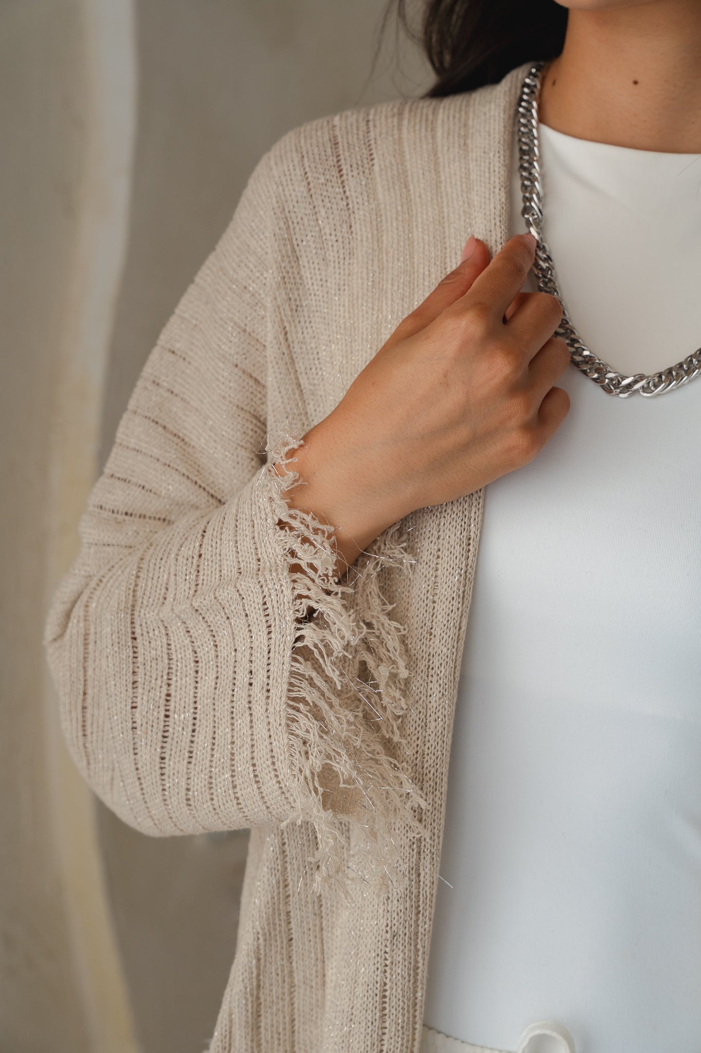 Coastline Knit Cardigan in Shimmer Off- white