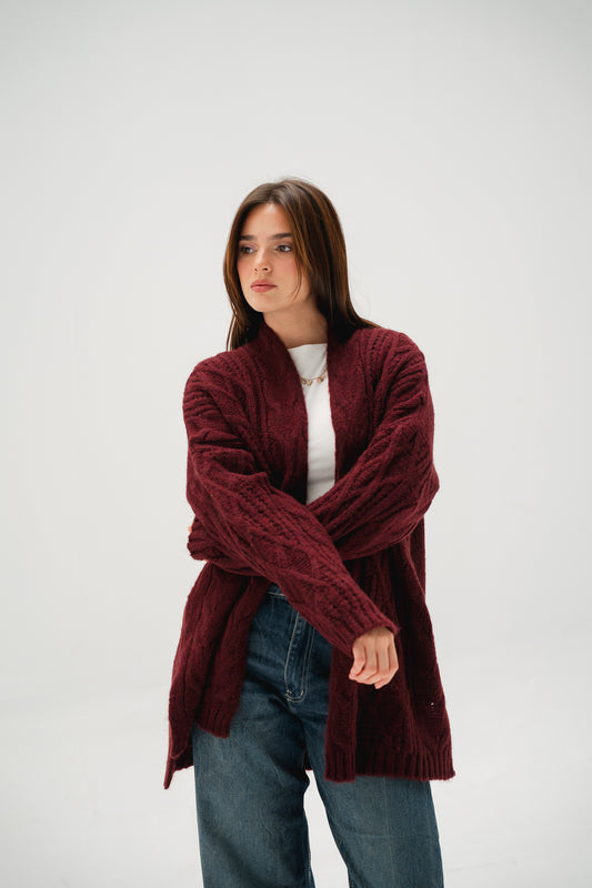 Relaxed Days Braided Cardigan in Burgundy