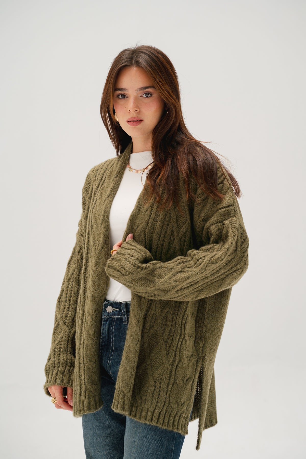 Relaxed Days Braided Cardigan in Olive