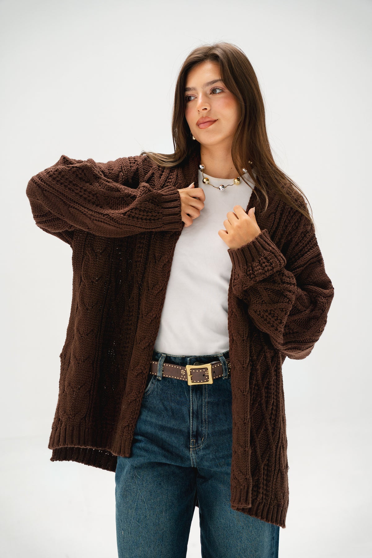 Relaxed Days Braided Cardigan in Brown