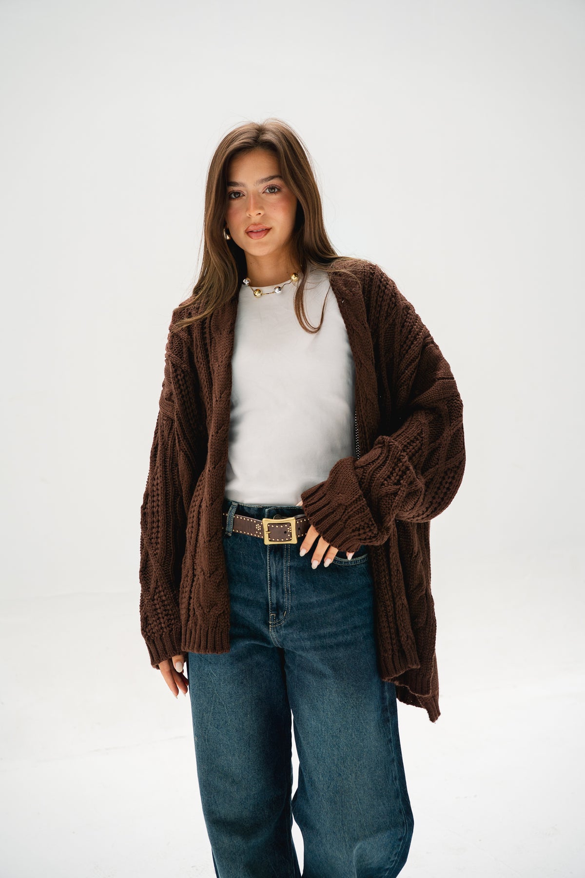 Relaxed Days Braided Cardigan in Brown