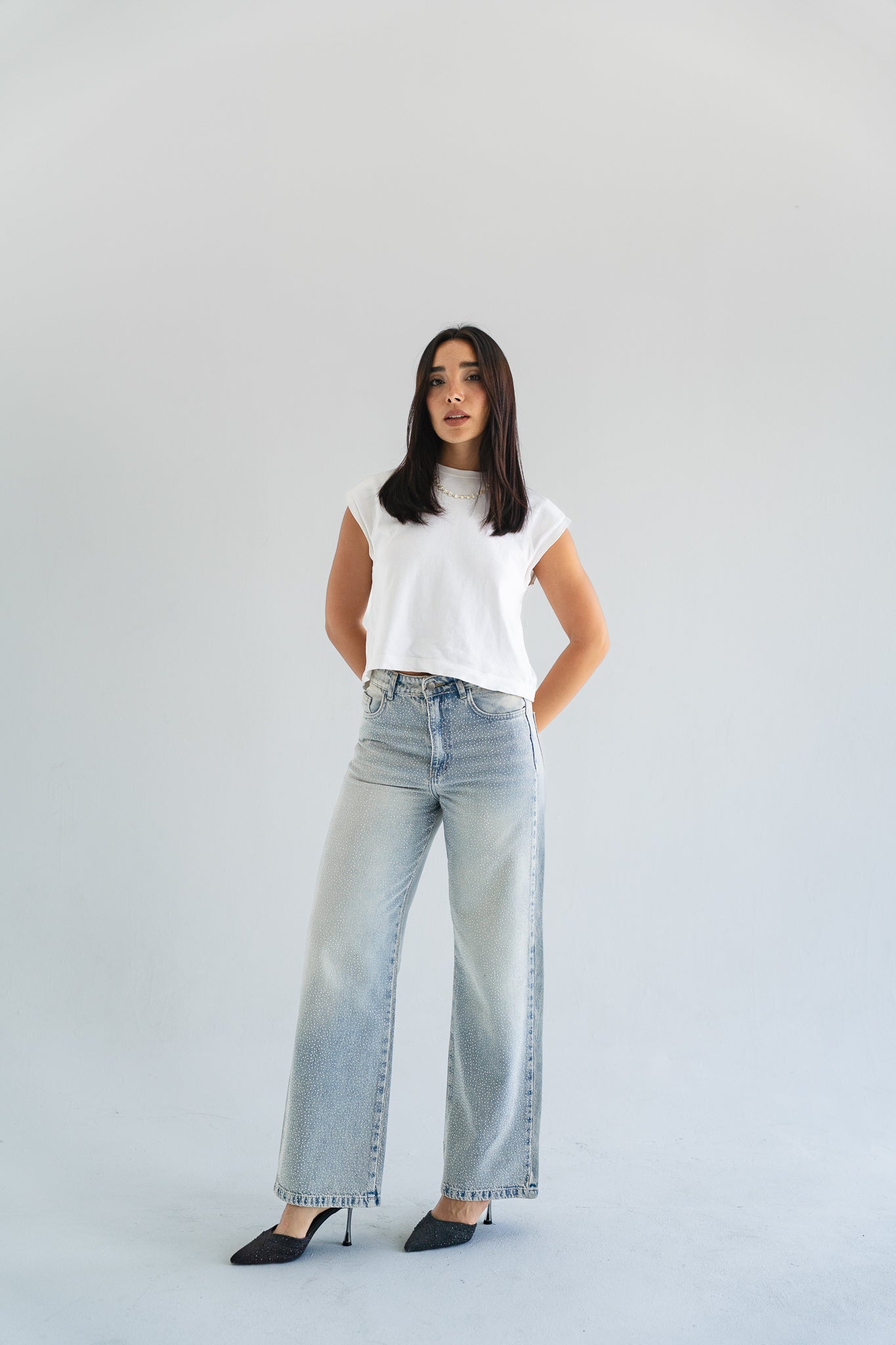 The Studded Denim Pants in Light wash