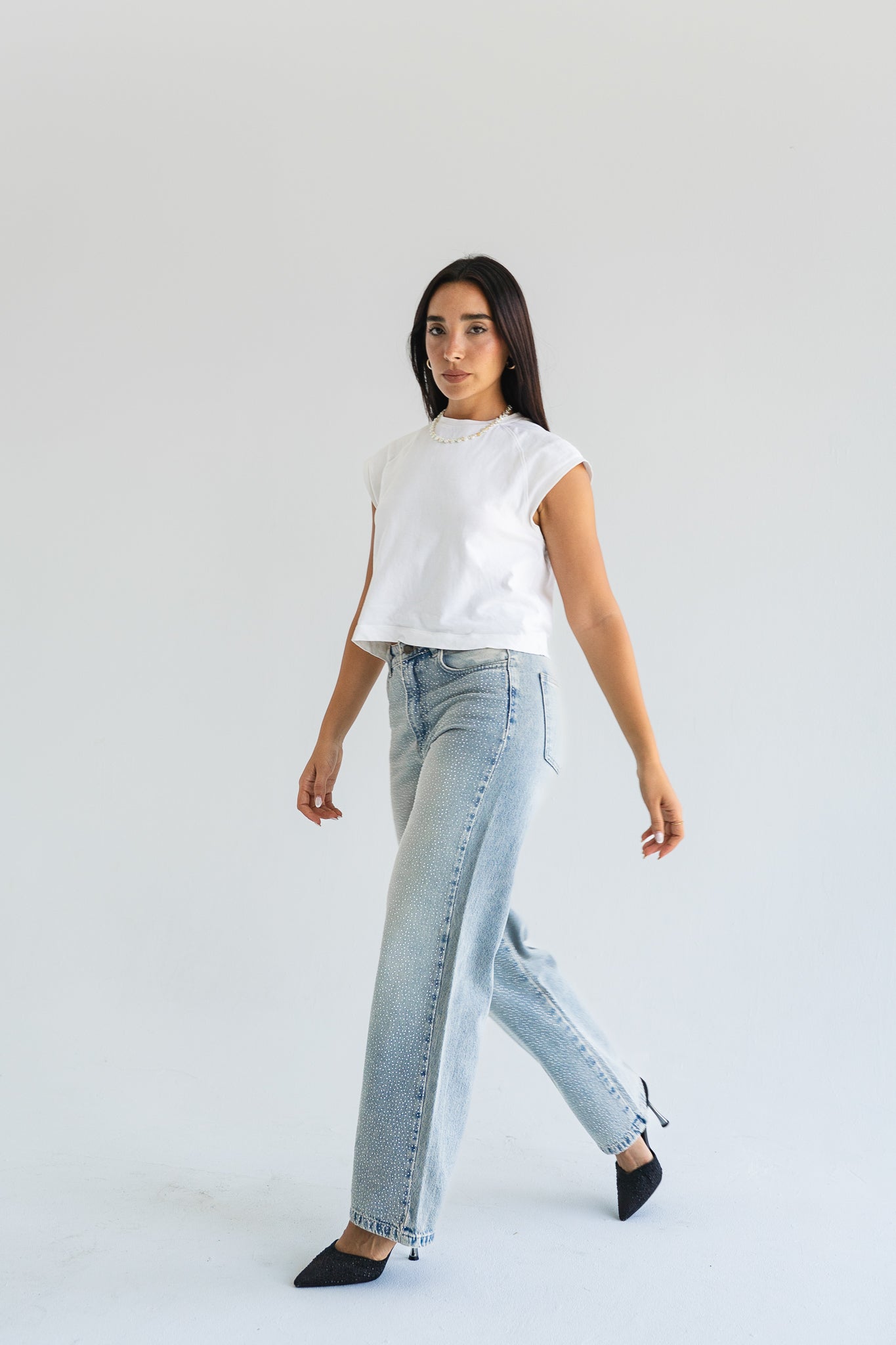The Studded Denim Pants in Light wash