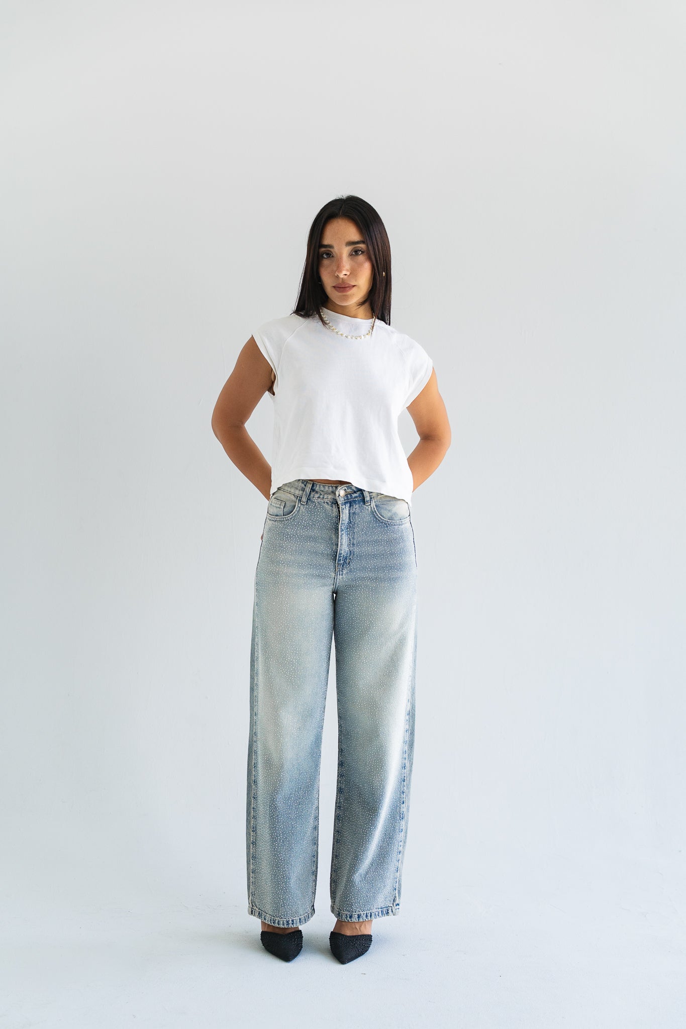 The Studded Denim Pants in Light wash