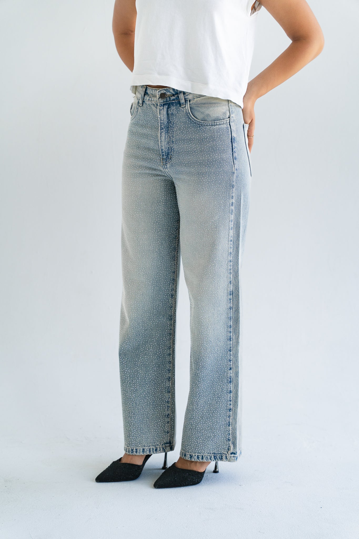 The Studded Denim Pants in Light wash