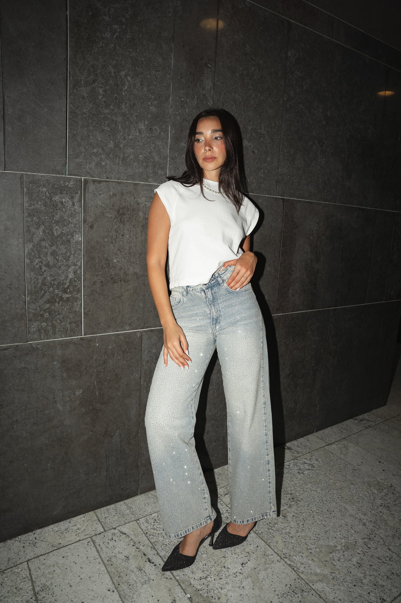 The Studded Denim Pants in Light wash