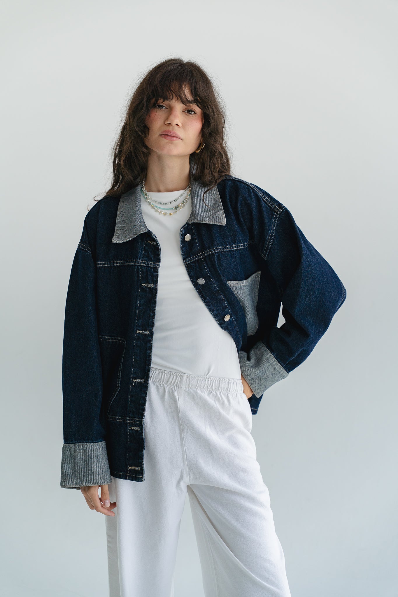 Two Tone Denim Jacket in  Dark Blue