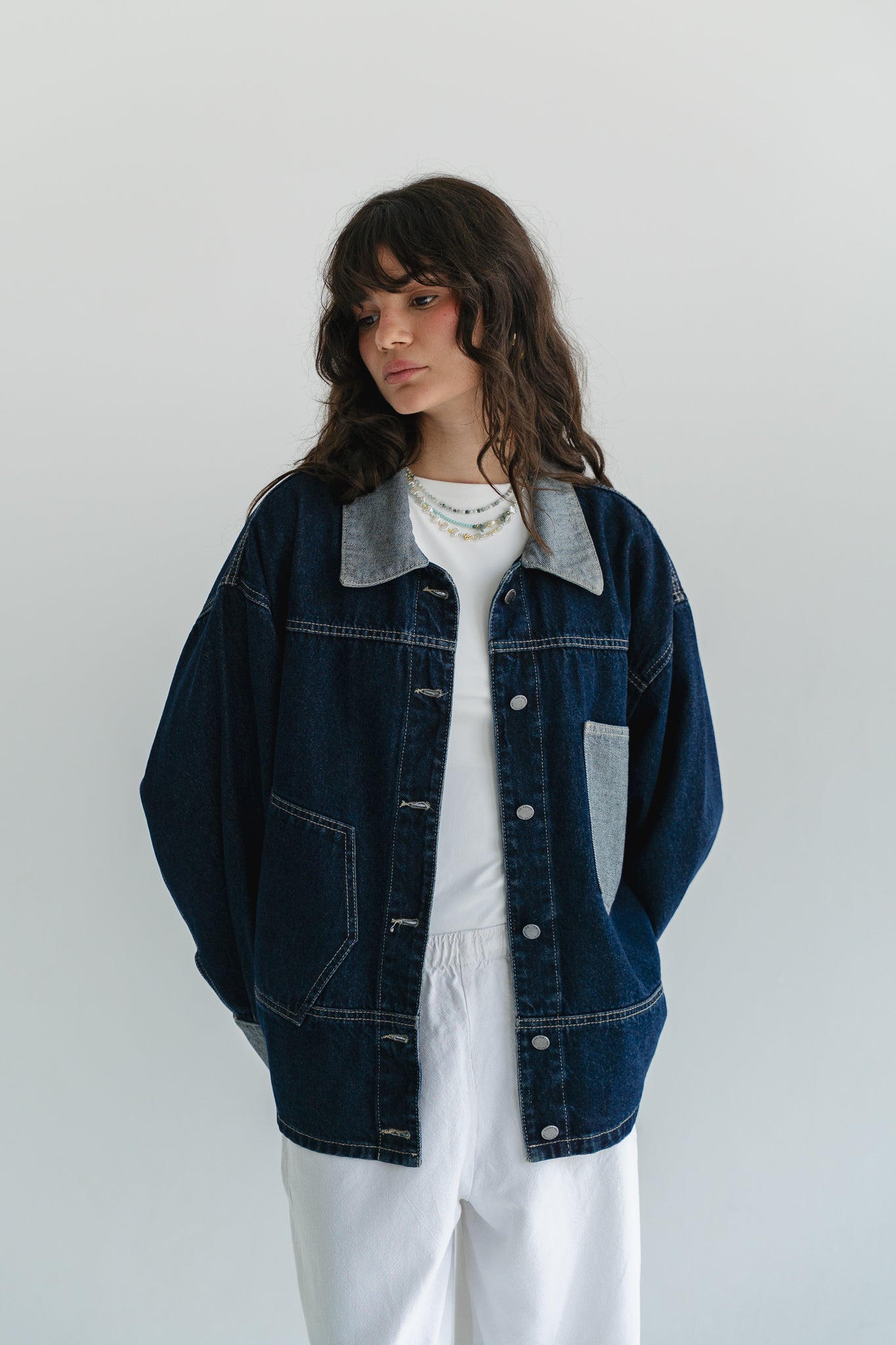 Two Tone Denim Jacket in  Dark Blue