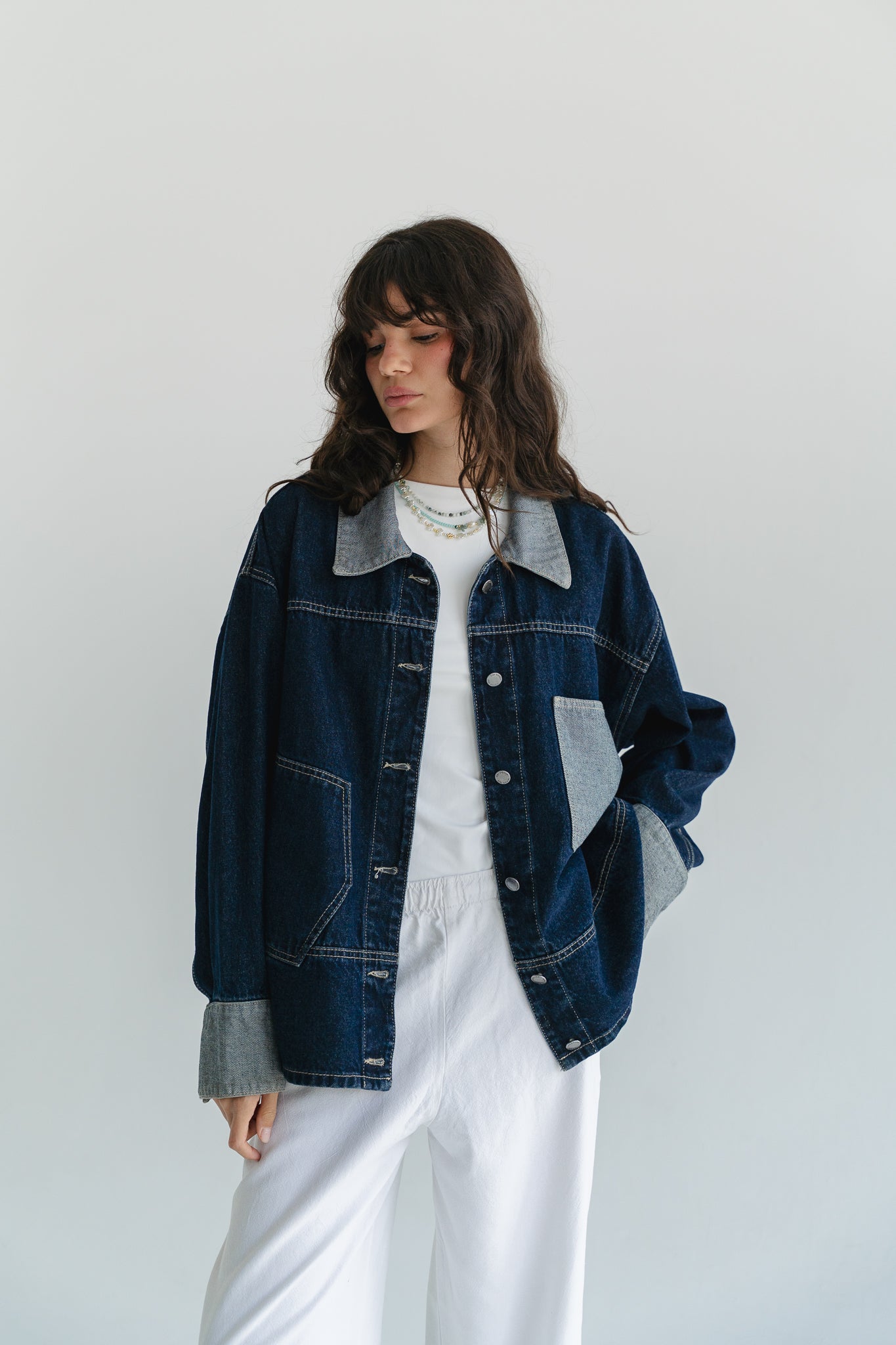 Two Tone Denim Jacket in  Dark Blue